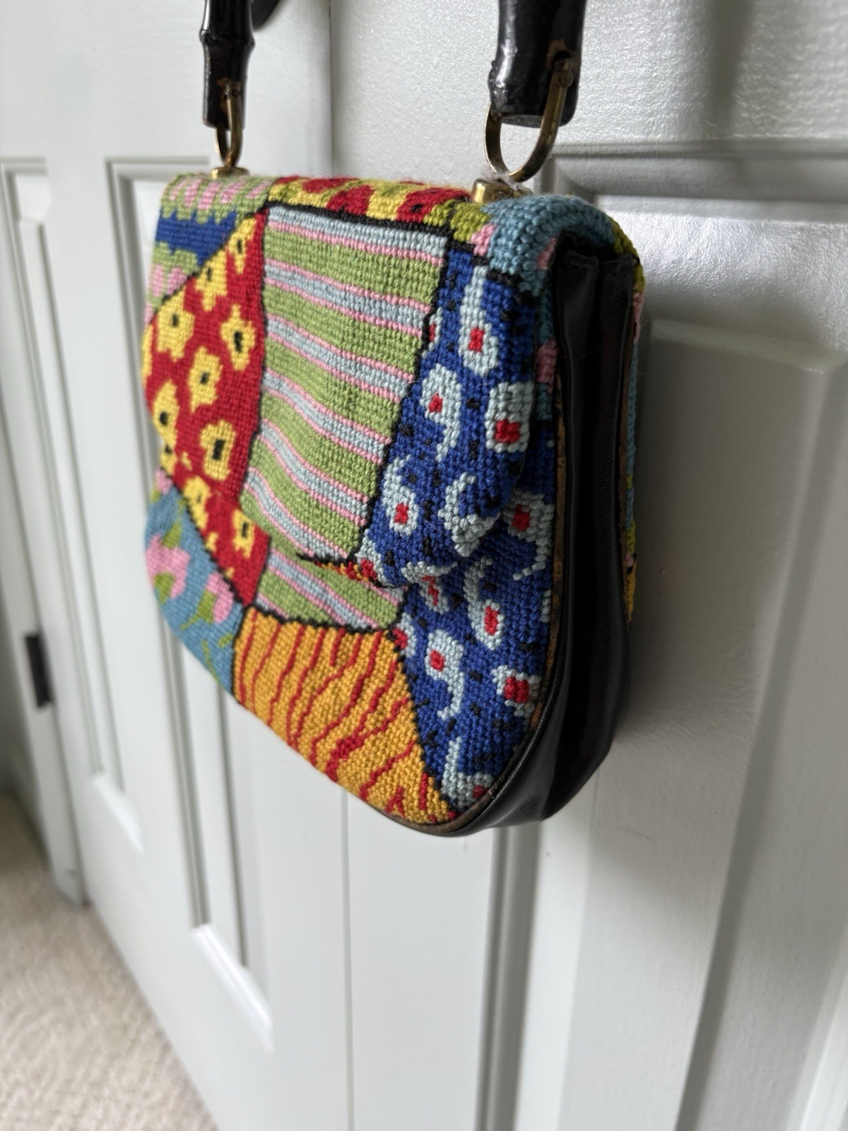 Vintage 1960s Floral Needlepoint Patchwork Bamboo Top Handle Carpet Bag Purse