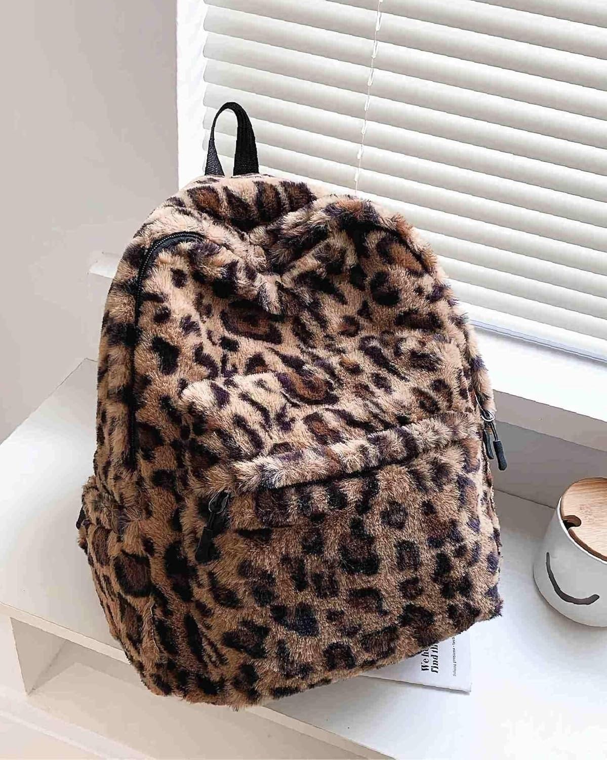 Fluffy Cheetah Print Backpack, Cute Y2K Animal Fur 14 Inch Scene Book Bag for Wo
