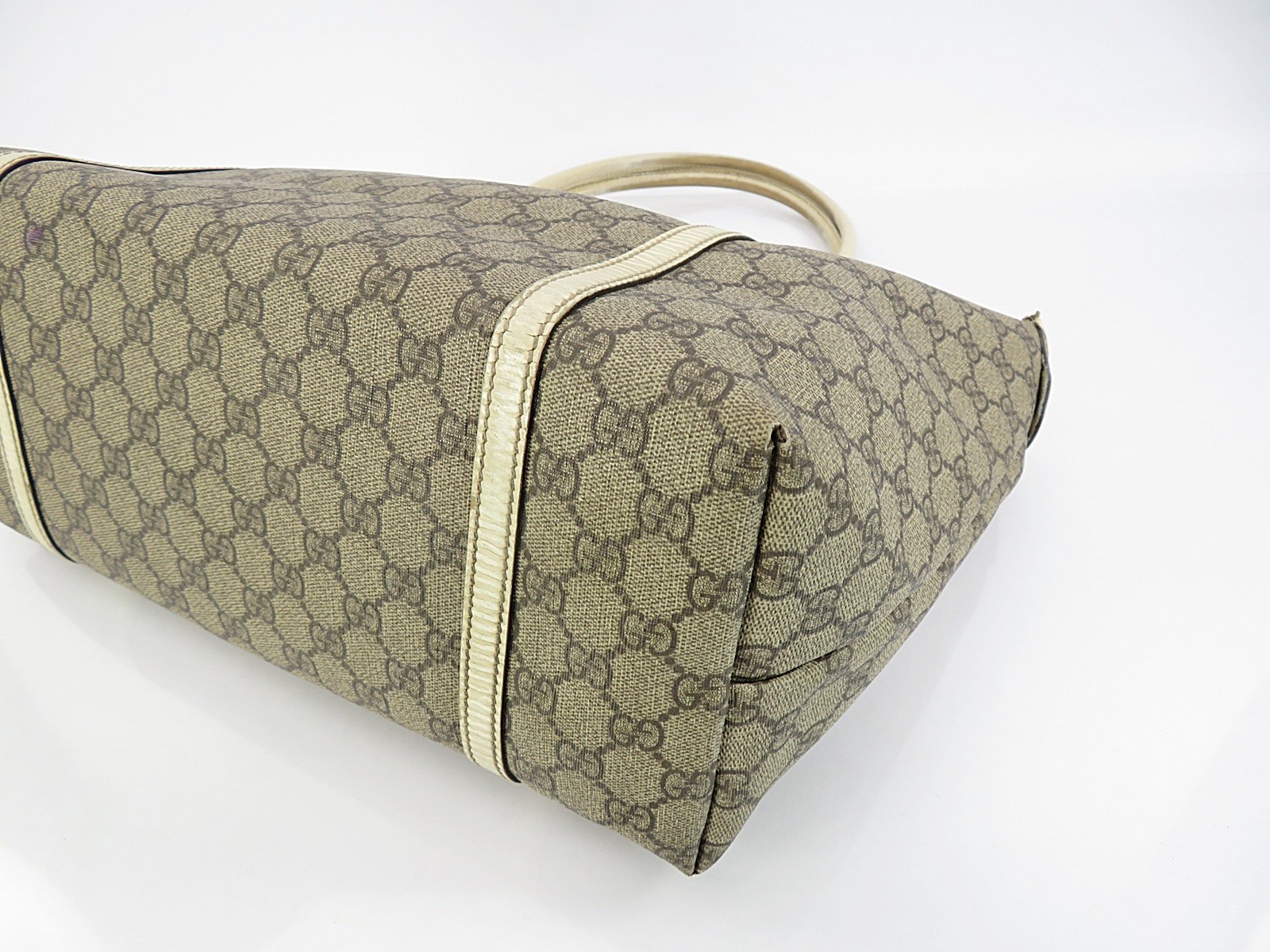 Auth GUCCI Joy Brown GG PVC Canvas and Off-White Leather Supreme Tote Bag #64223