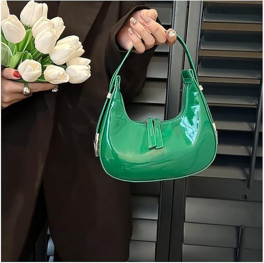 Women’s Crescent Moon Bag, Retro Patent Leather Top Handle Shoulder Purse