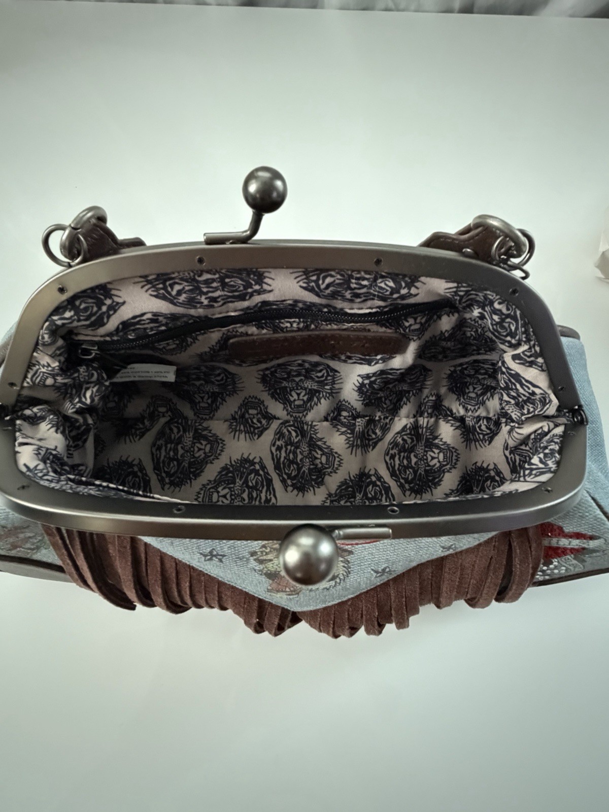 Ed Hardy Blue Brown Fringe Kiss Lock Clutch Top Handle Strap Embroidered Tiger