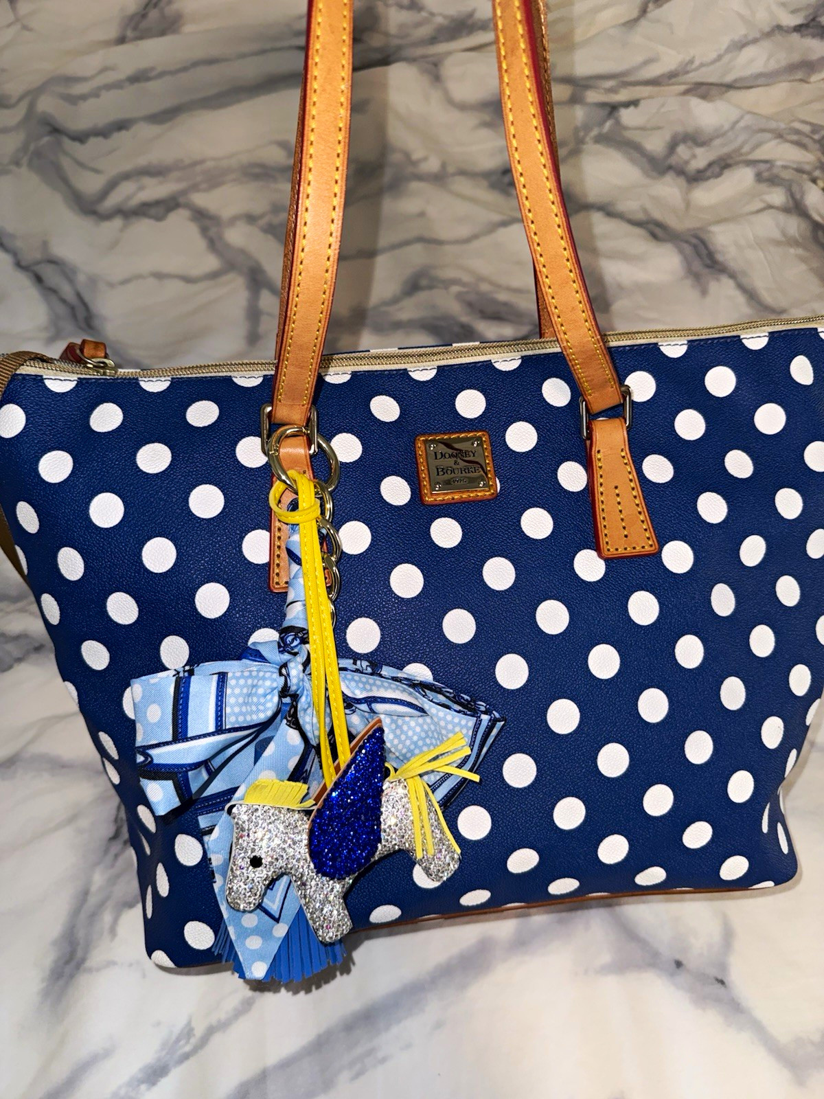 Dooney & Bourke Large Polka Dot Tote, Zip Top, Lined, Bag Charm, Gold Tone