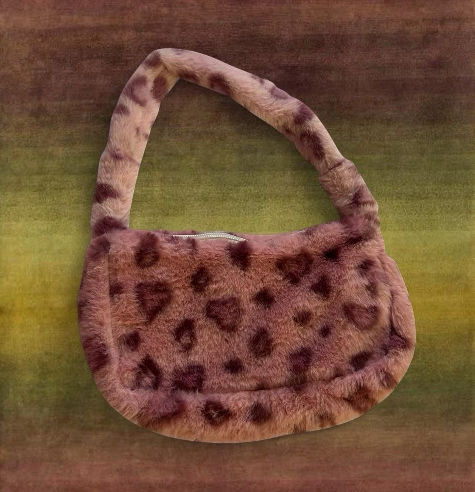 Women’s Pink Brown Animal Print Crescent Shoulder Bag, Zip Closure, Lined