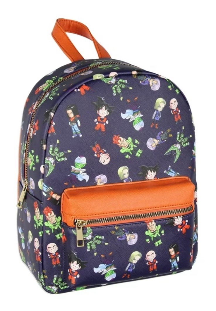 Anime Character Print Mini Backpack Blue/Orange Zip Adjustable Straps Goku