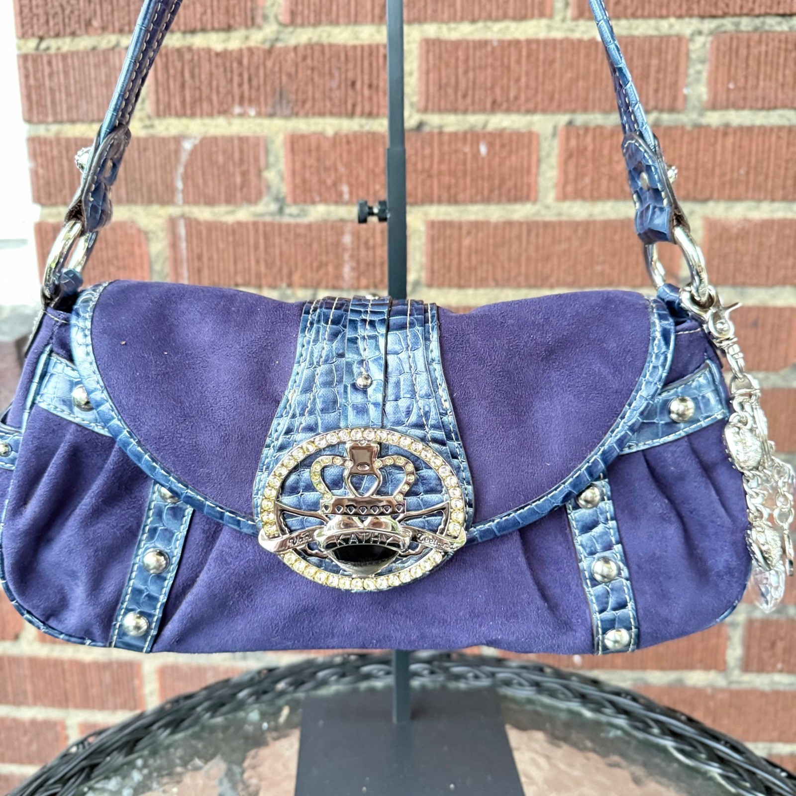 Kathy Van Zeeland Suede Croc Trim Crown Rhinestone Shoulder Bag Y2K