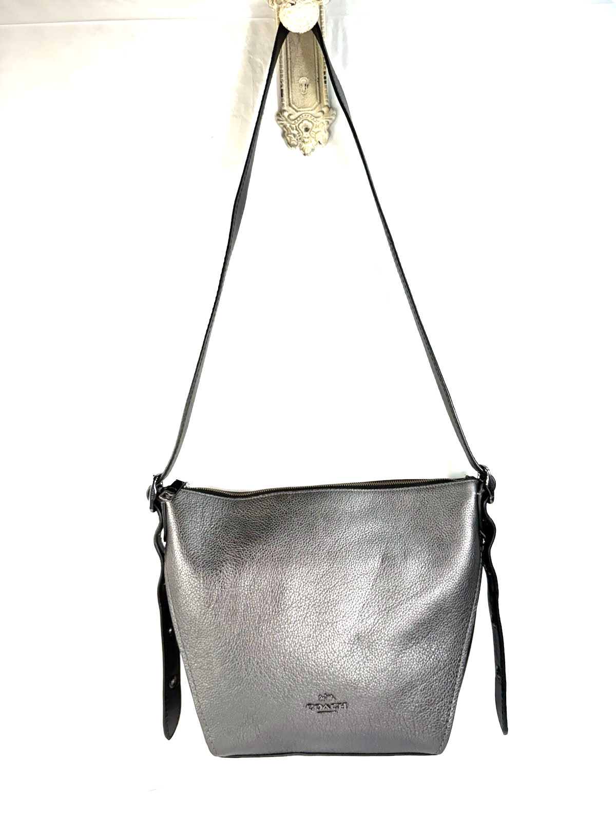 Coach Dufflette Crossbody Bag Women Small Gray Pebbled Leather Silver Hardware