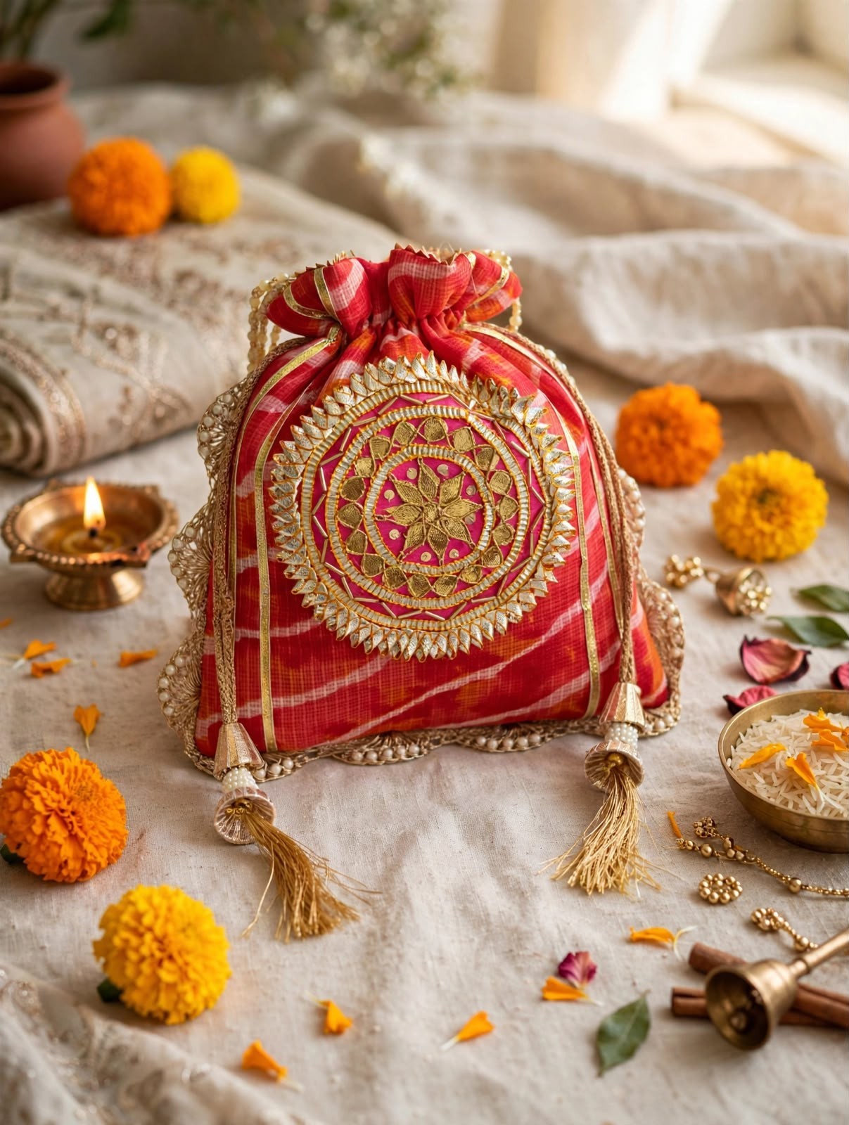 Indian Red Leheriya Gotta Handwork Flower with Pearl Lace and Handle Potli Bag