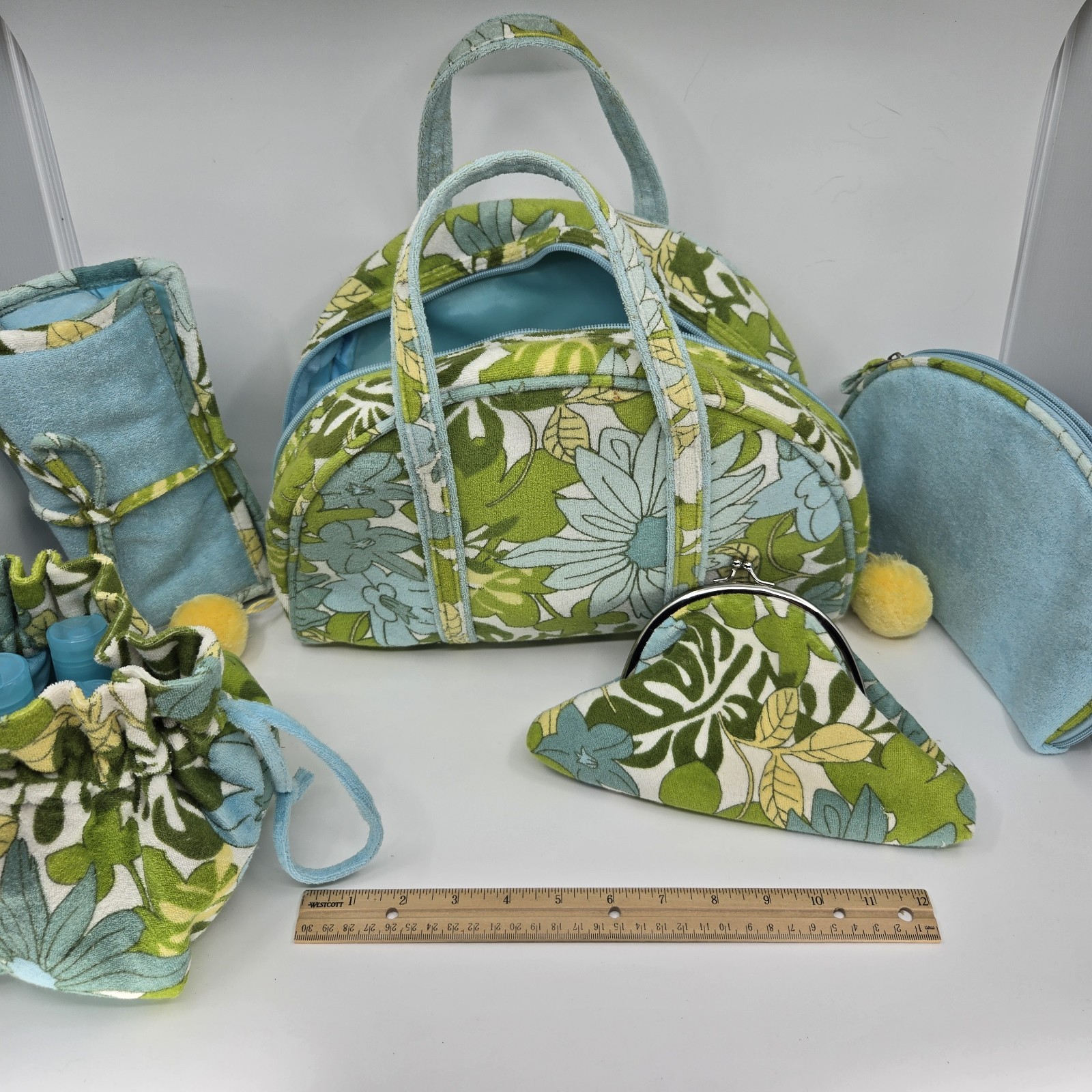 VRG Terry Cloth Toiletry Makeup Jewelry Bag Purse Spa Pool Shower Set Green Blue