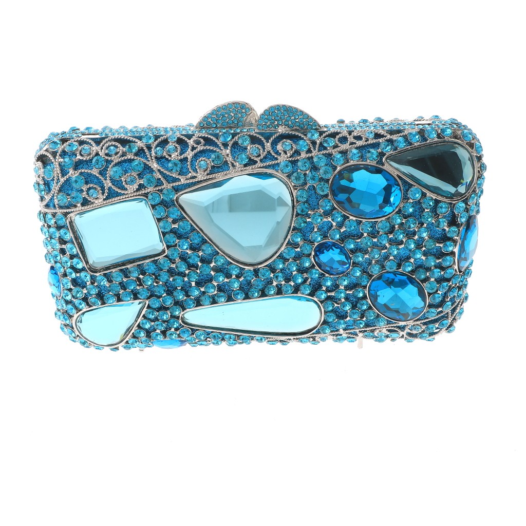 Silver Tone Alloy Metal Rhinestone Crystal Clutch Evening Bag HB6295-AQA
