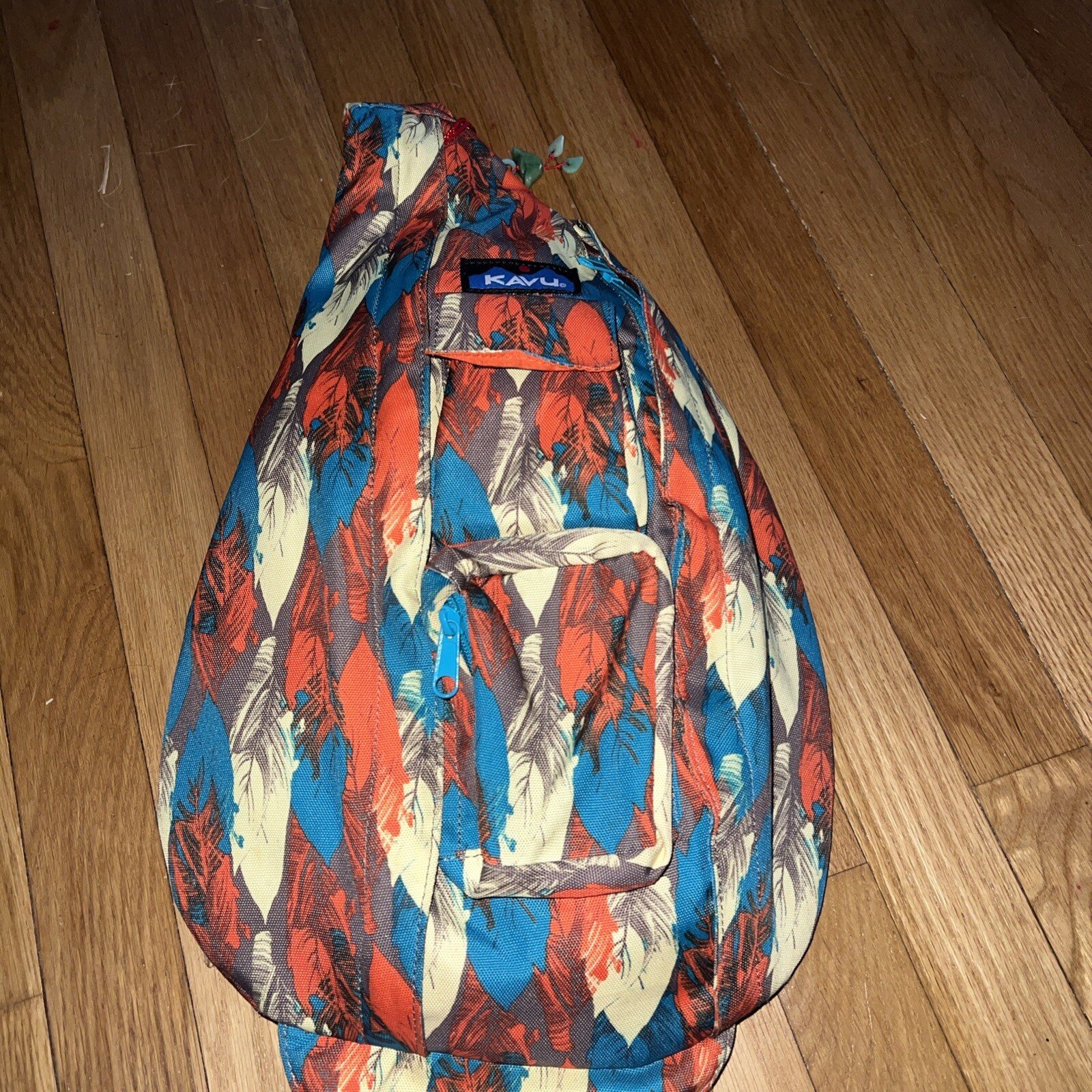 HTF Kavu Sling Rope Bag Multicolor Feathers Cross Body GUC