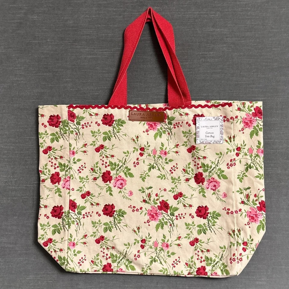 Laura Ashley Tote Red Pink Floral Canvas Reusable Shopping Travel Boho Grocery