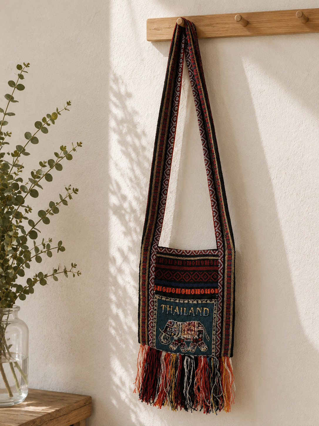 Thai Elephant Woven Tapestry Crossbody Bag, Boho Fringe Shoulder Purse Thailand