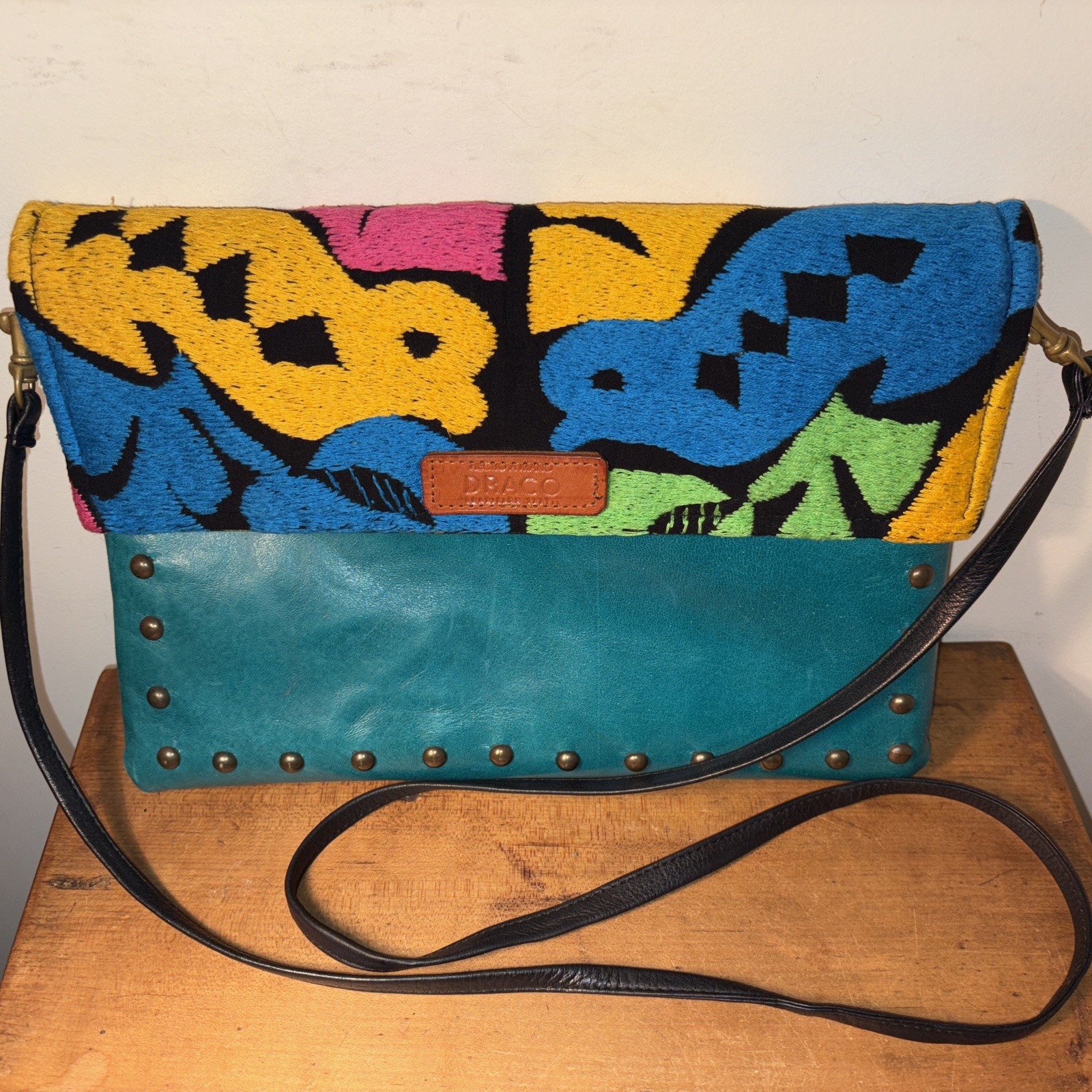 DRACO Handbag Embroidered Floral/Bird Panel Teal Leather 11-3/4” W x 8-1/2” H