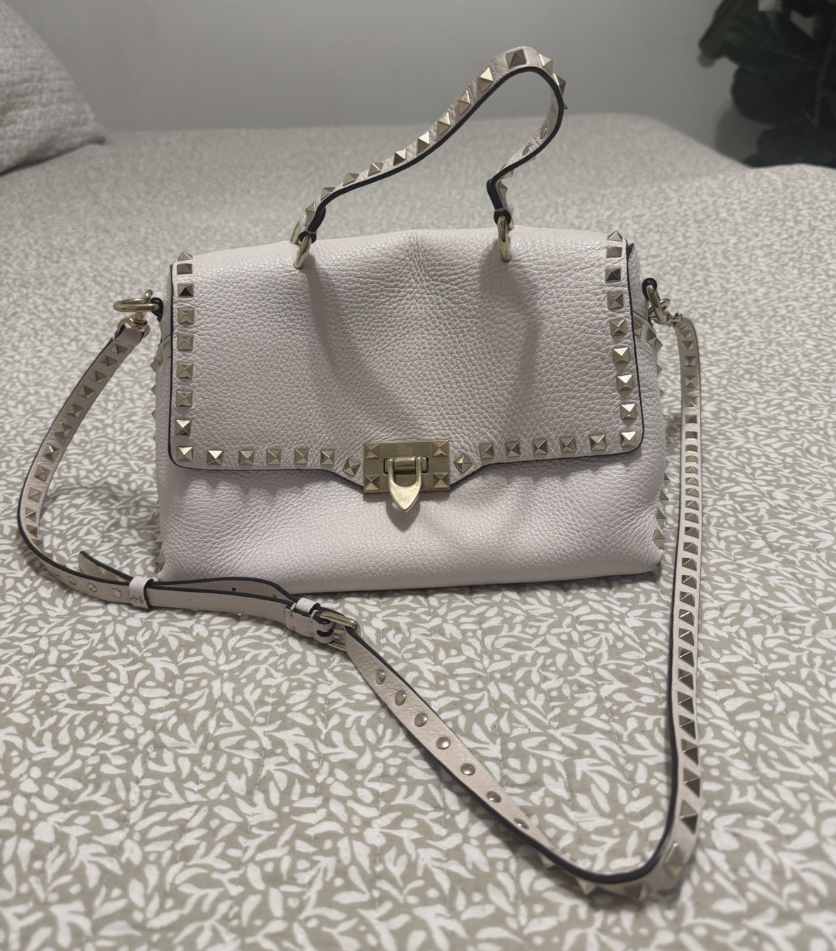 Valentino White Studded Pebbled Crossbody Top Handle Bag w/ Detachable Strap