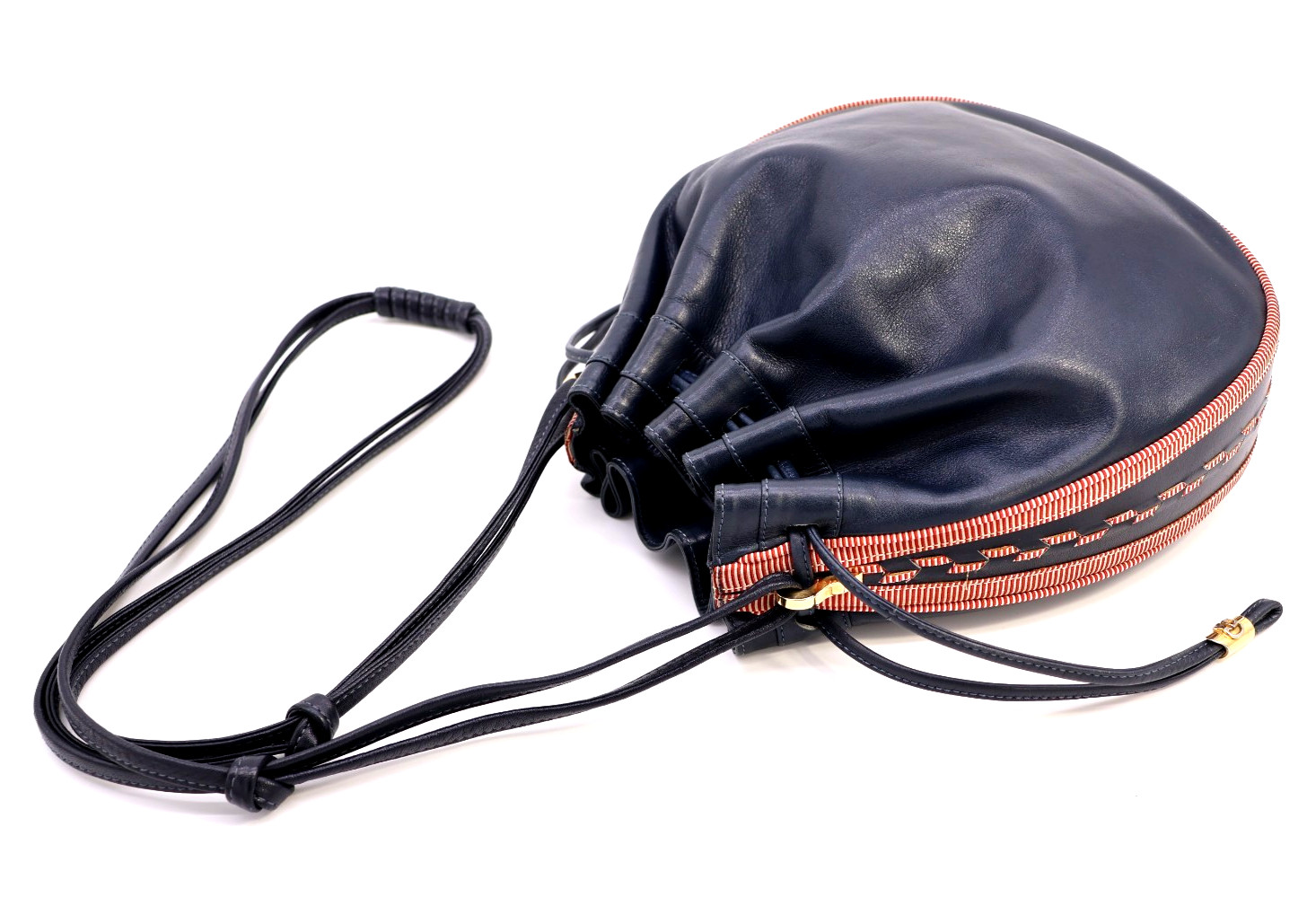 GUCCI VINTAGE Web Stripe Drawstring Shoulder Bag Leather Navy Rare Authentic