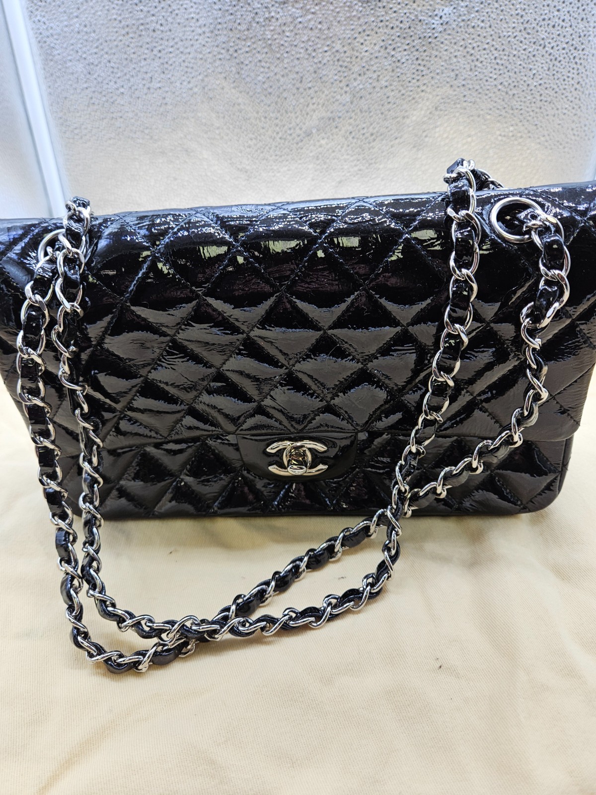 Authentic CHANEL Classic Quilted Patent Leather Double Flap Bag – Black