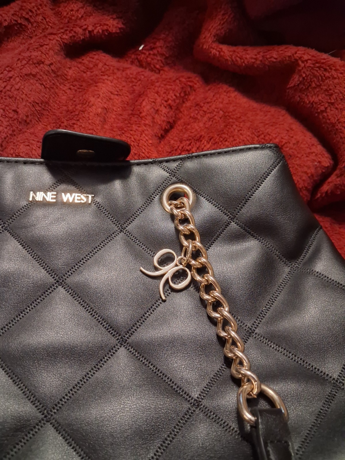 Nine West Black Quilted Shoulder Bag, Gold Chain Strap, Charm, Mag, Pockets