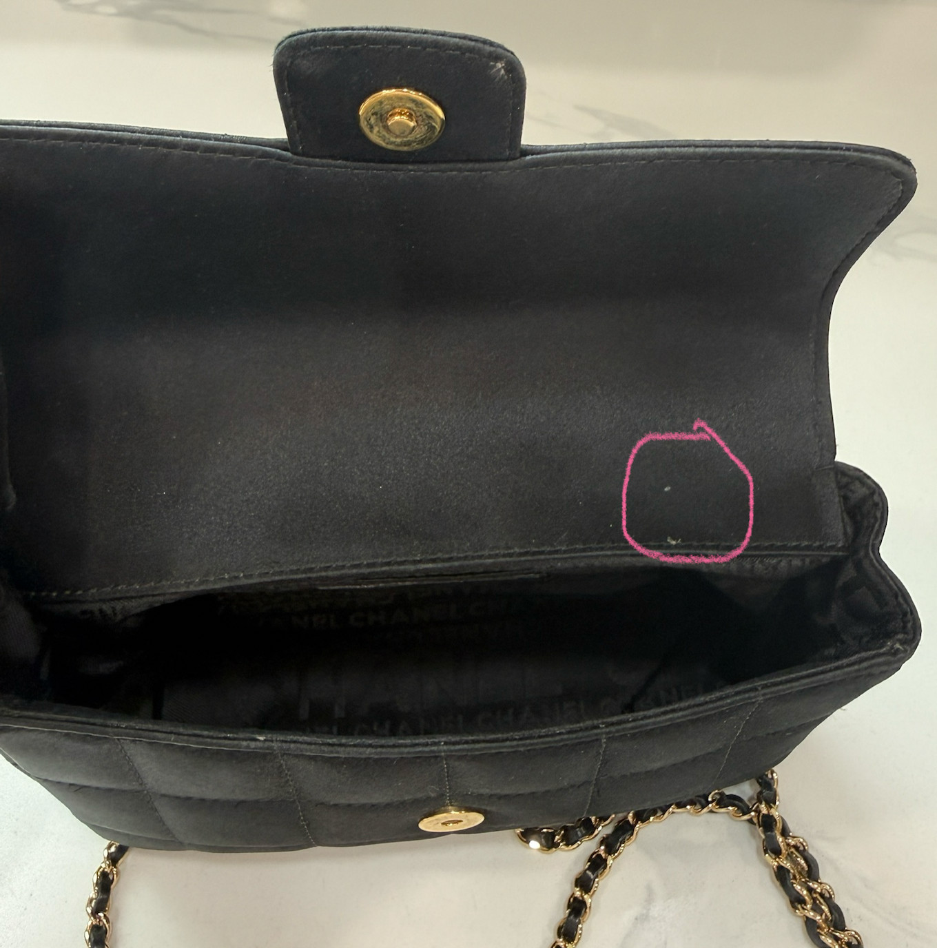 AUTH CHANEL Satin Chocolate Bar Quilted Camellia Rectangular Mini Flap Black