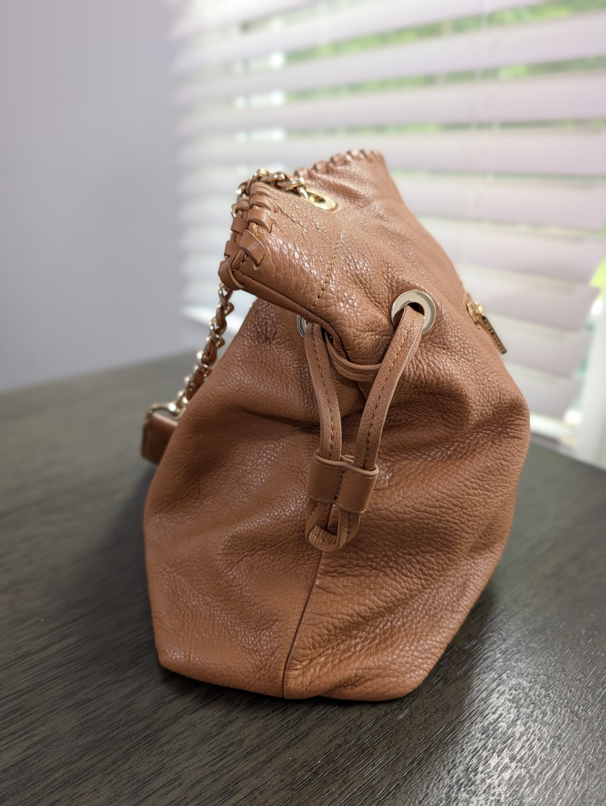 Tory Burch Marion Slouchy Tote Bark Brown Pebbled Leather Chain Handbag Large