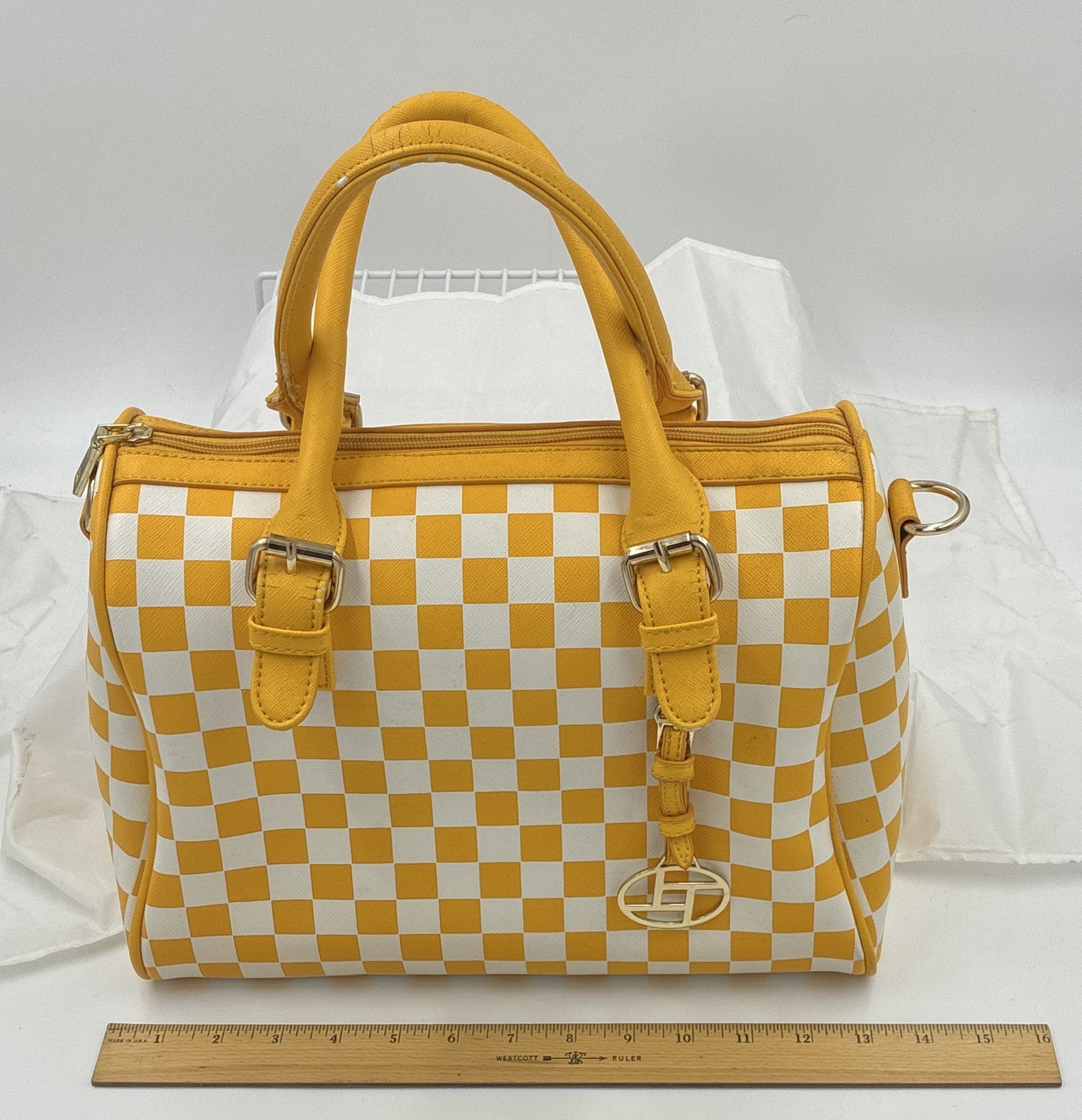 Women’s Yellow/White Checkered Satchel, Zip, Strap, Pockets
