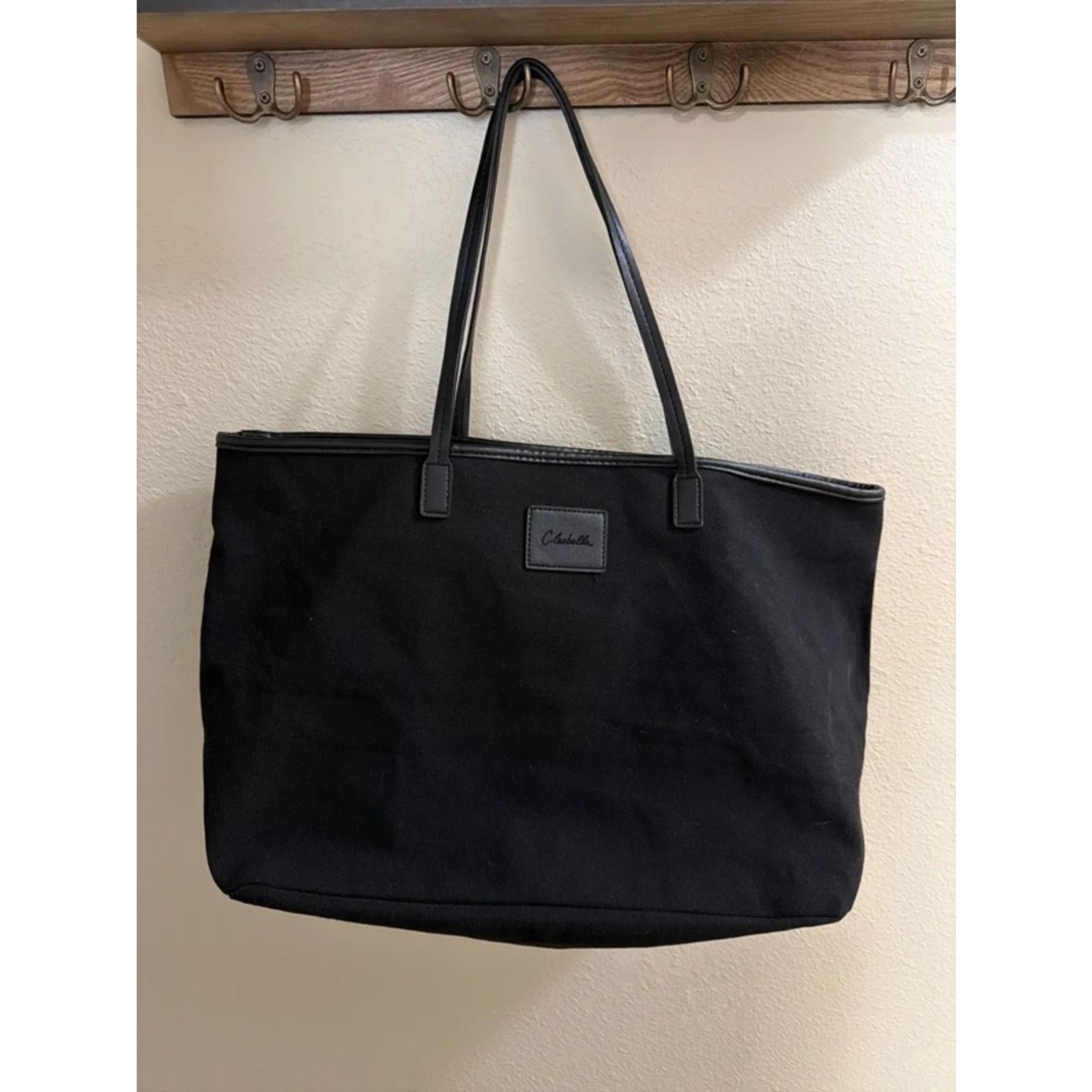Cleobella Large Black Canvas Tote Bag with Vegan Leather Straps
