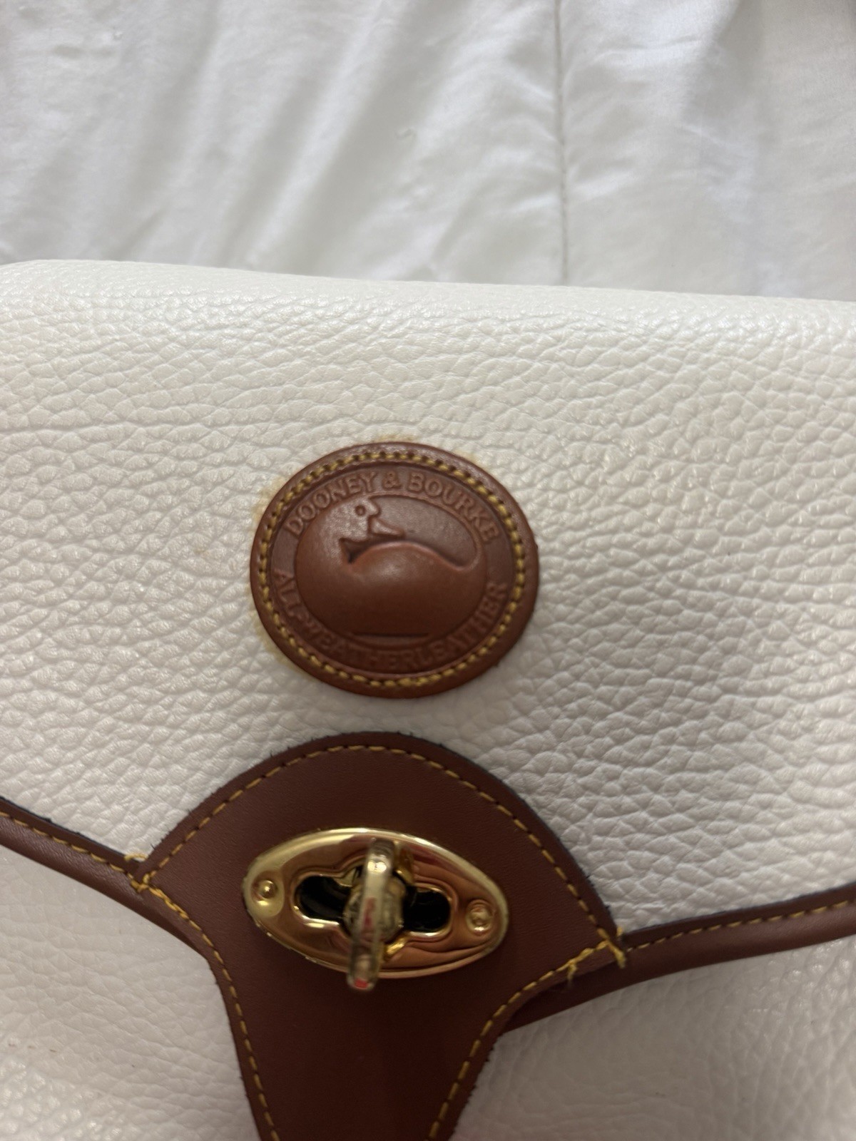 Dooney & Bourke Ivory/Brown Small Crossbody Bag Turn Lock, Gold Hardware