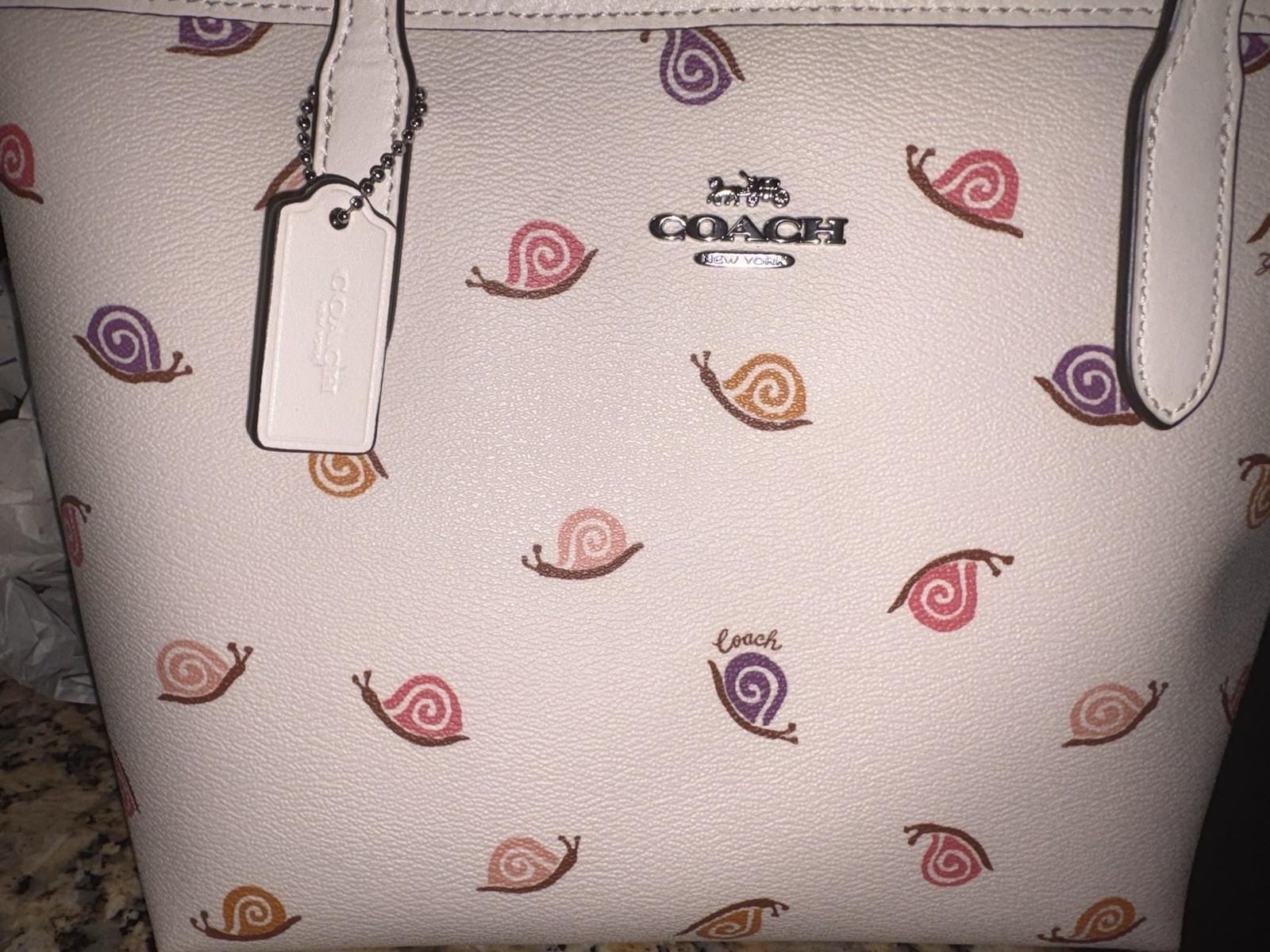 Coach Snail Animal Print Large Tote Shoulder Strap Silver Hardware Bag Charm