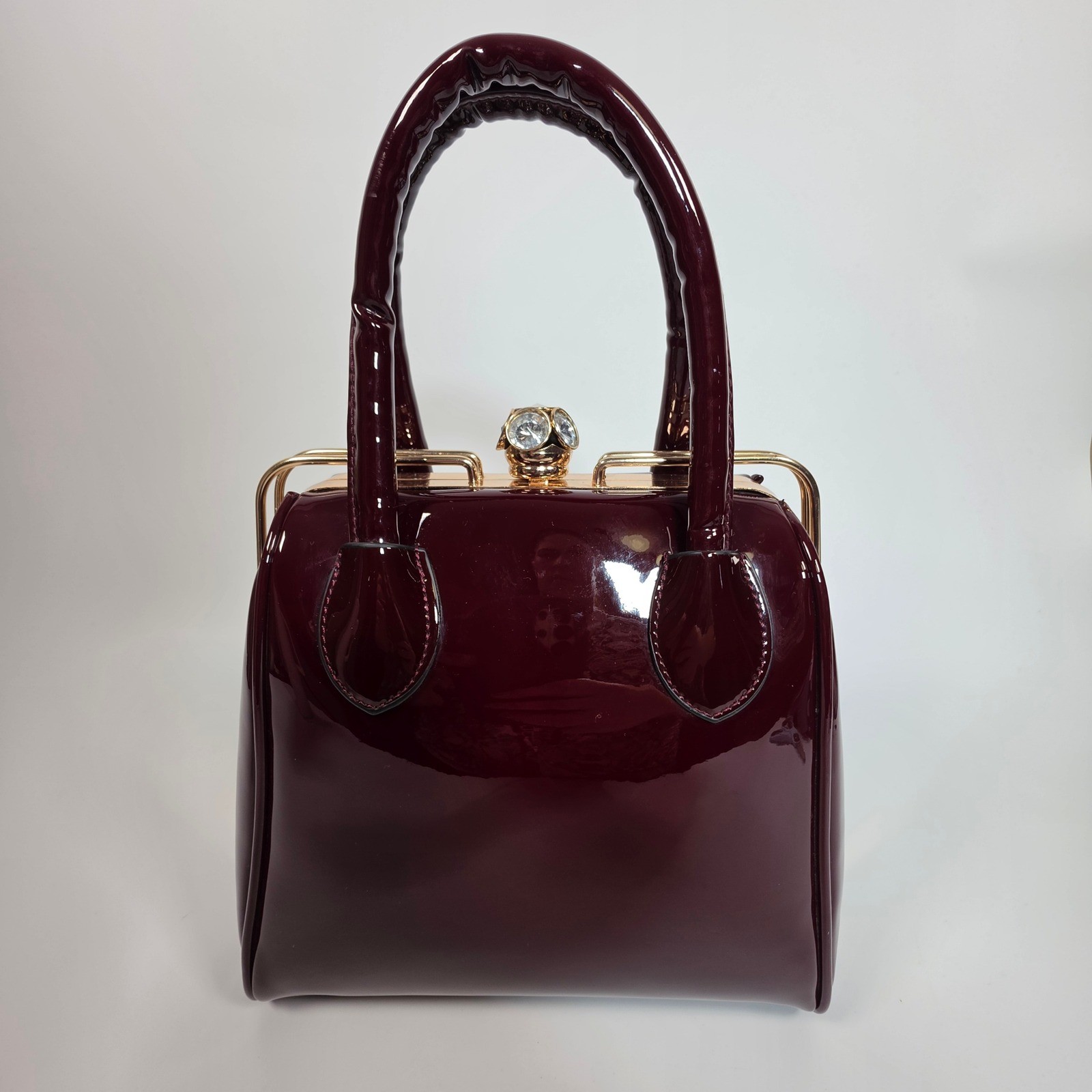 Patent Leather Evening Handbag Burgundy Hard Shell Medium Size Elegant Classy