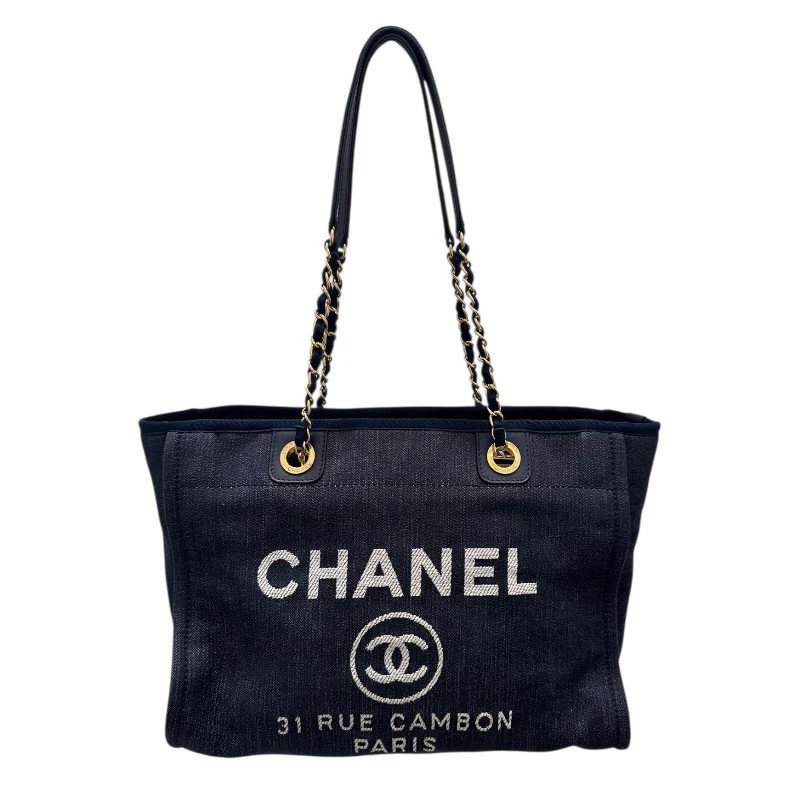 CHANEL Deauville Chain Tote MM Navy Denim Handbag A67001 #OKB1865
