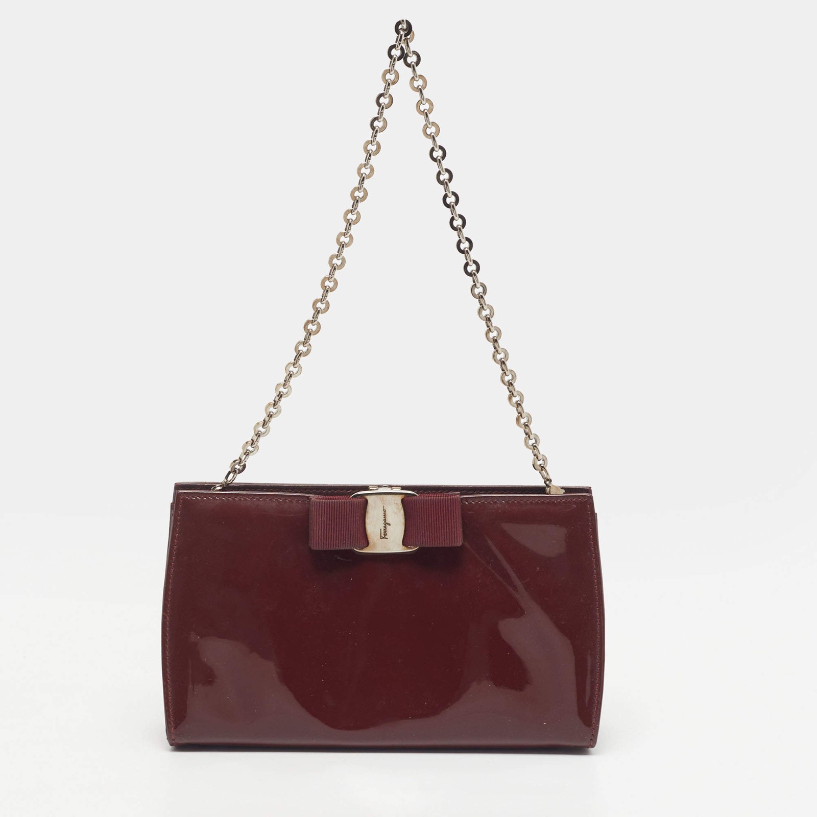 Salvatore Ferragamo Miss Vara Burgundy Patent Leather Chain Clutch