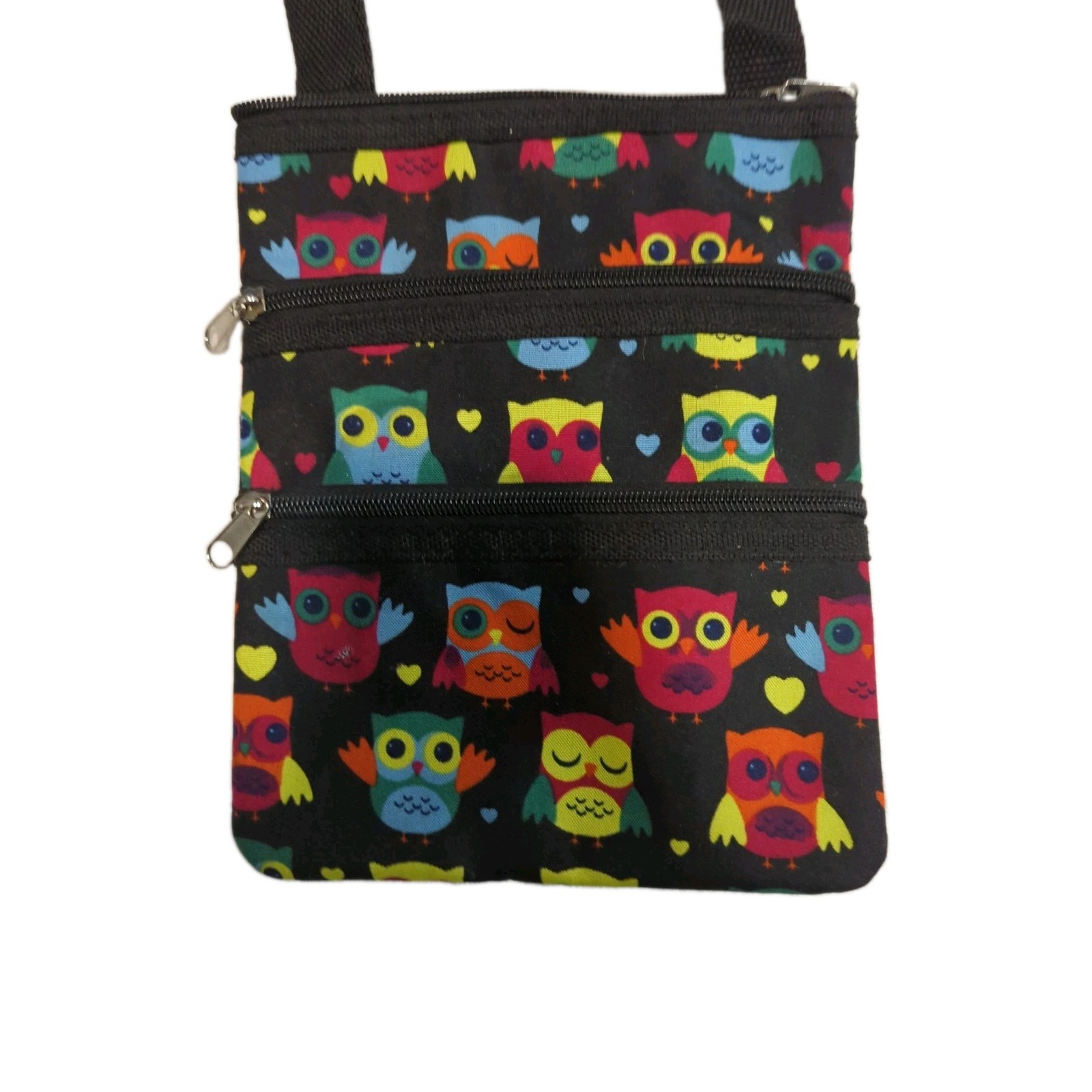 New Owl Print Crossbody Bag Multi Zip Canvas Shoulder Purse Travel Pouche Black