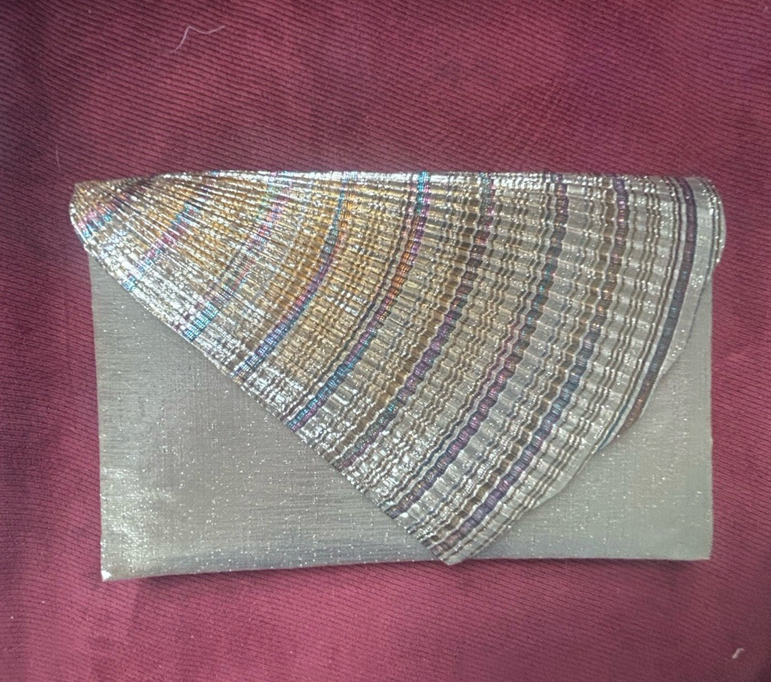 Vintage Metallic Pleated Clutch w/ Striped Flap Snap Closure Silver Hardware
