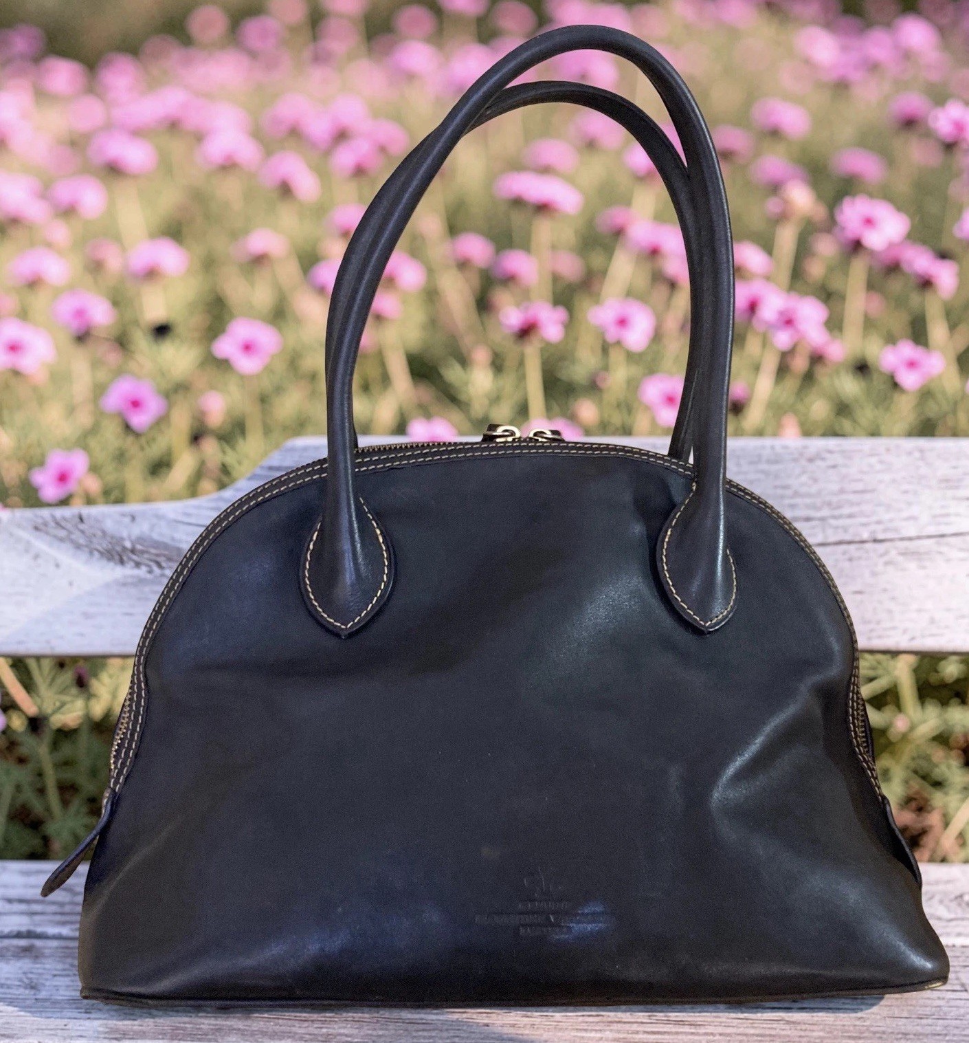 Dooney Bourke All Black Florentine Vacchetta Leather Domed Satchel Tote Bag
