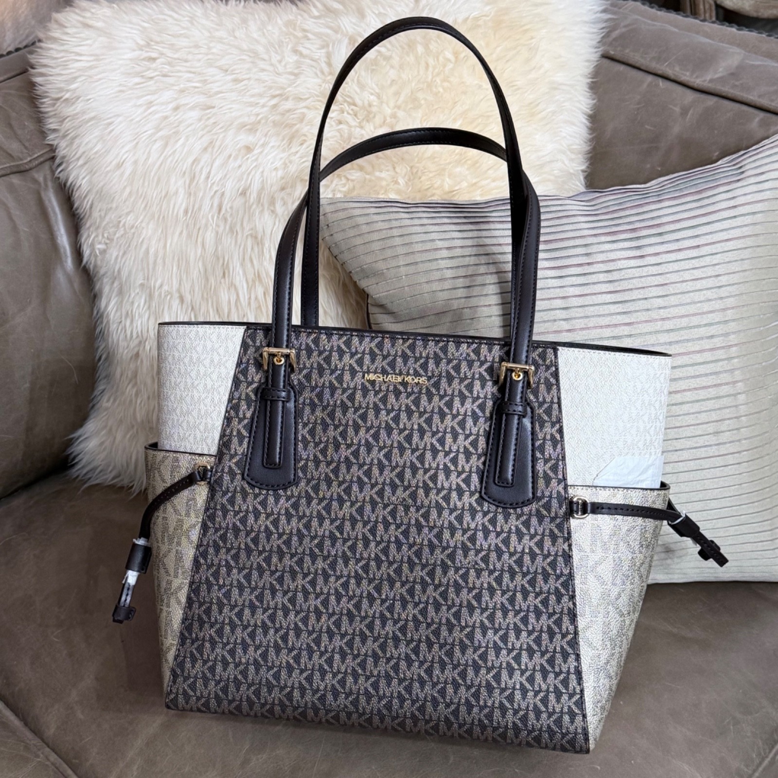 Michael Kors Voyager Large Tote MK Logo Signature Bag + Wallet Set Brown Multi