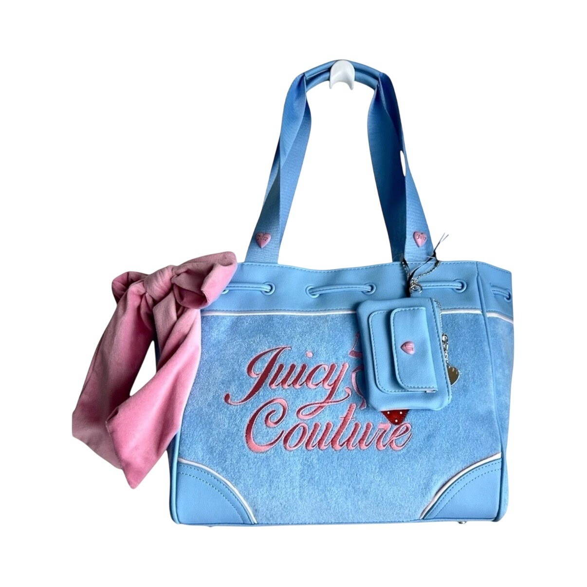 Juicy Couture Retro Strawberry Tote Blue Gleam Velour Bag Charm Coin Pouch NWT