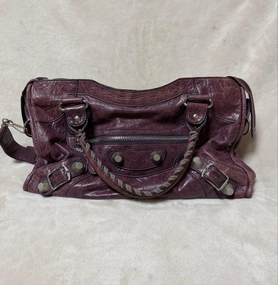 BALENCIAGA Classic Work Handbag Purple Leather Braided Handle Studs Vintage Y2K