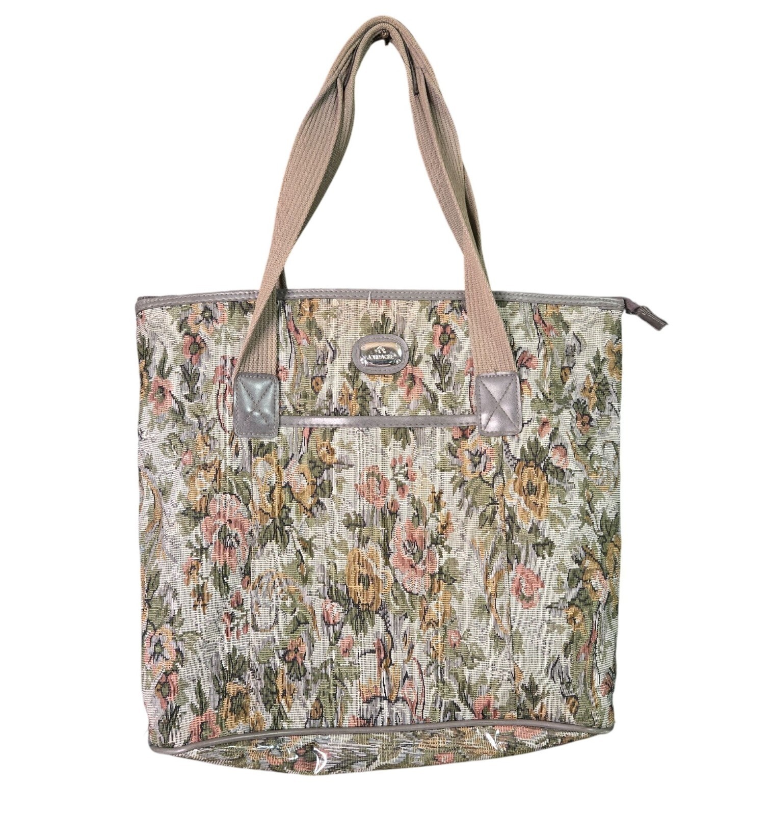 Vintage Jordache Multicolor Granny Floral Tapestry Tote Bag Sturdy Handles Gray