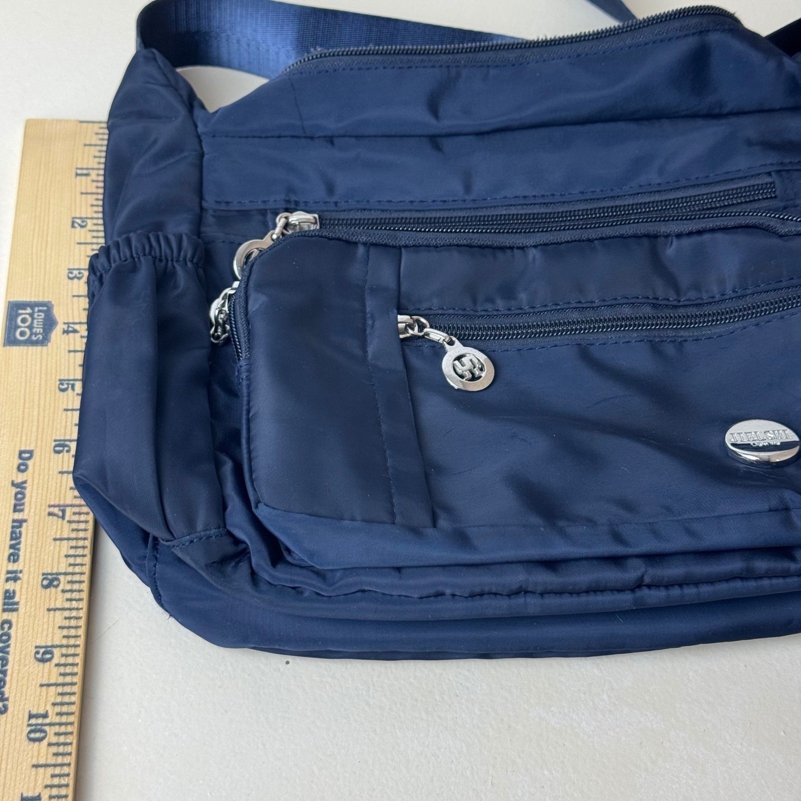 Jiel Shi Navy Blue Nylon Multi-Pocket Crossbody Bag Women Adjustable Strap