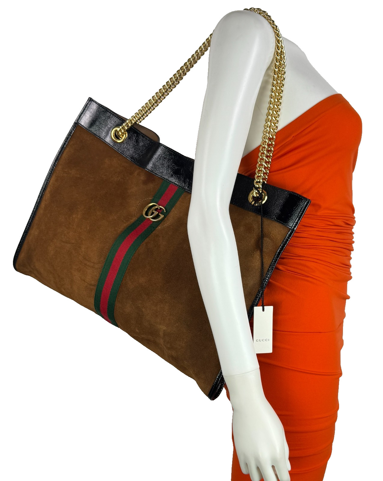 $3200 Gucci Auth Brown Black Web Rajah Tote Bag Suede Leather Runway Auth