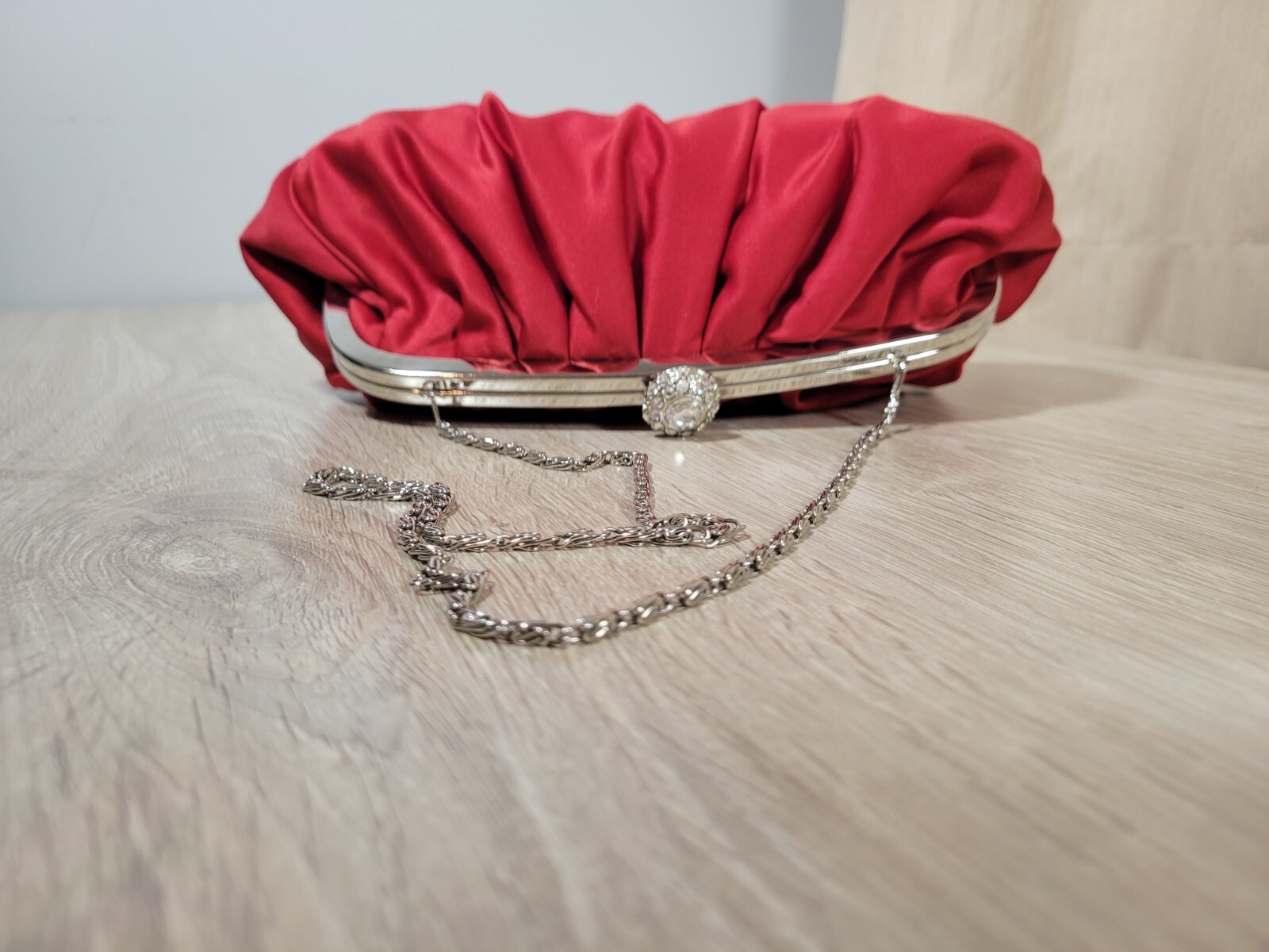 Lulu Townsend Red Clutch w/ Rhinestone Clasp & Chaine strap Purse Night Bag