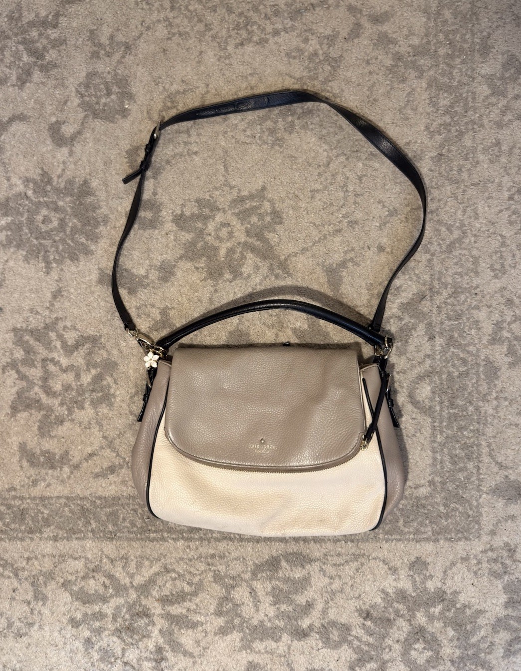 kate spade new york Medium Beige Pebbled Shoulder Bag Zip, Black Strap Striped