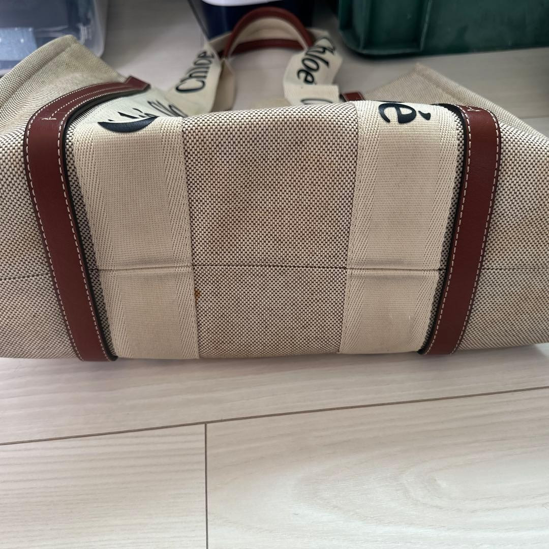 Auth Chloe Woody Linen Canvas Leather Beige Medium Tote Bag Shipping From Japan
