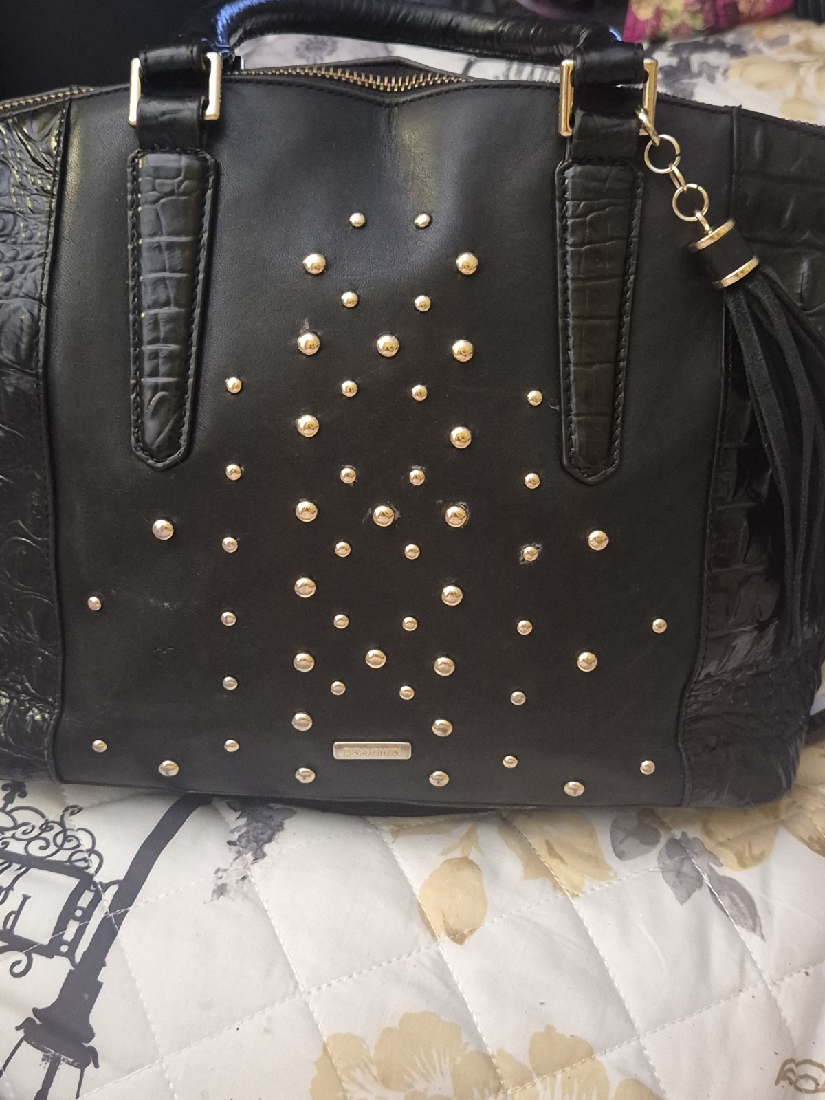 RARE Brahmin Nara Studded Duxbury Satchel w/Tassel Charm Black Melbourne Leather