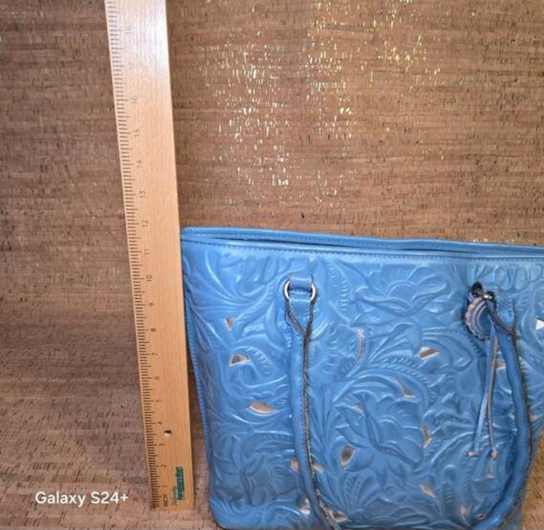 Blue Embossed Floral Tote Shoulder Bag Magnetic & Zip Closure Inner/Outer P