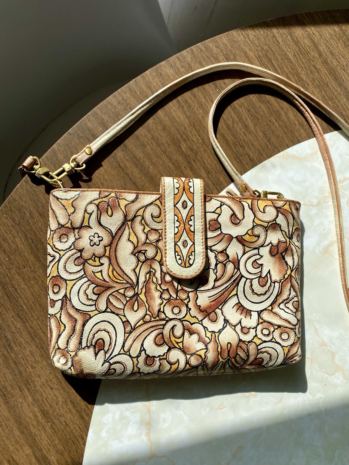 Magnifique Hand Painted Leather Crossbody Bag Midcentury Marigold Pattern Purse