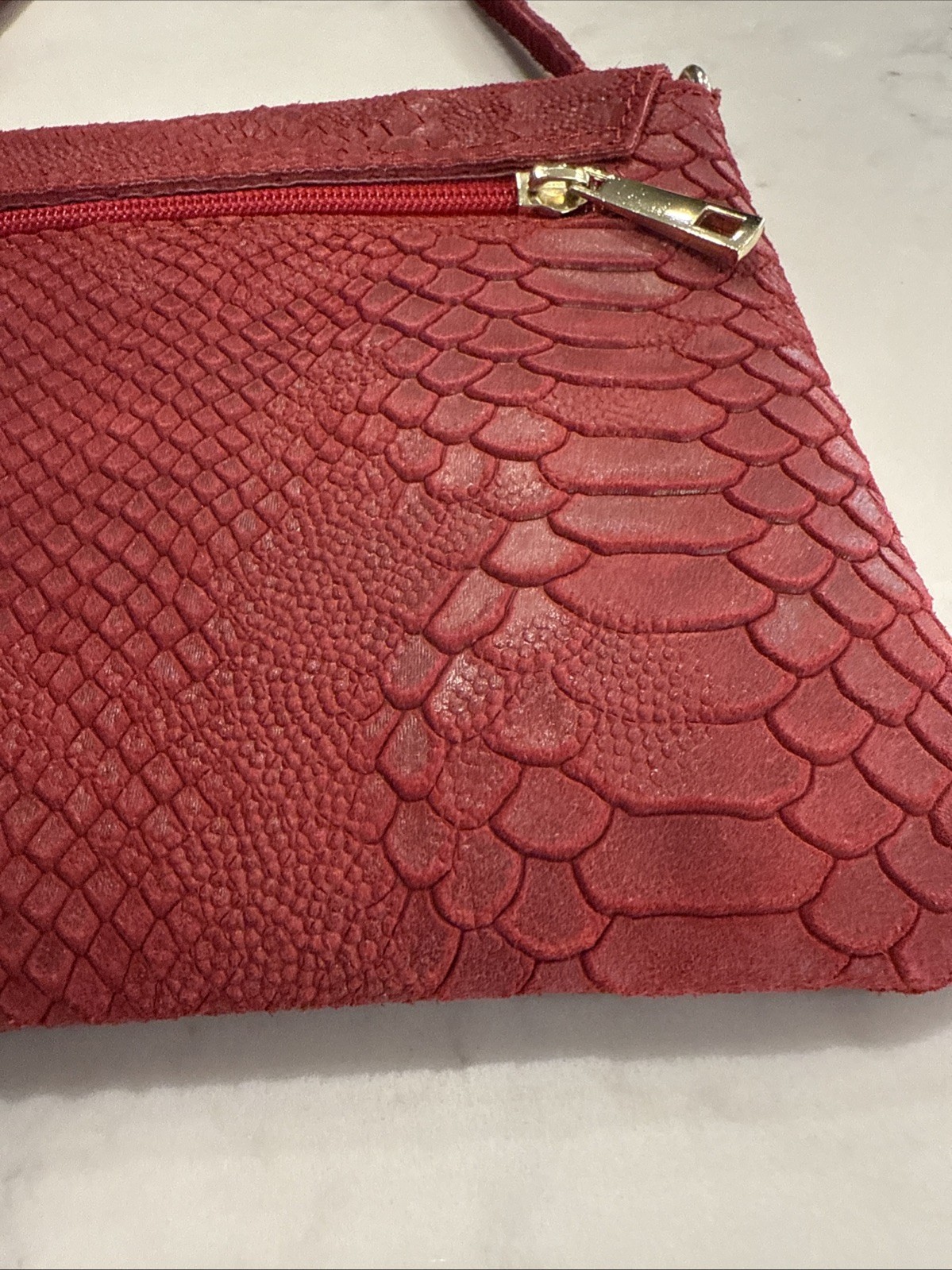Sofia C. Satchel Purse Bag Red Leather Reptile Made In Italy, 9 x 7 x 1″