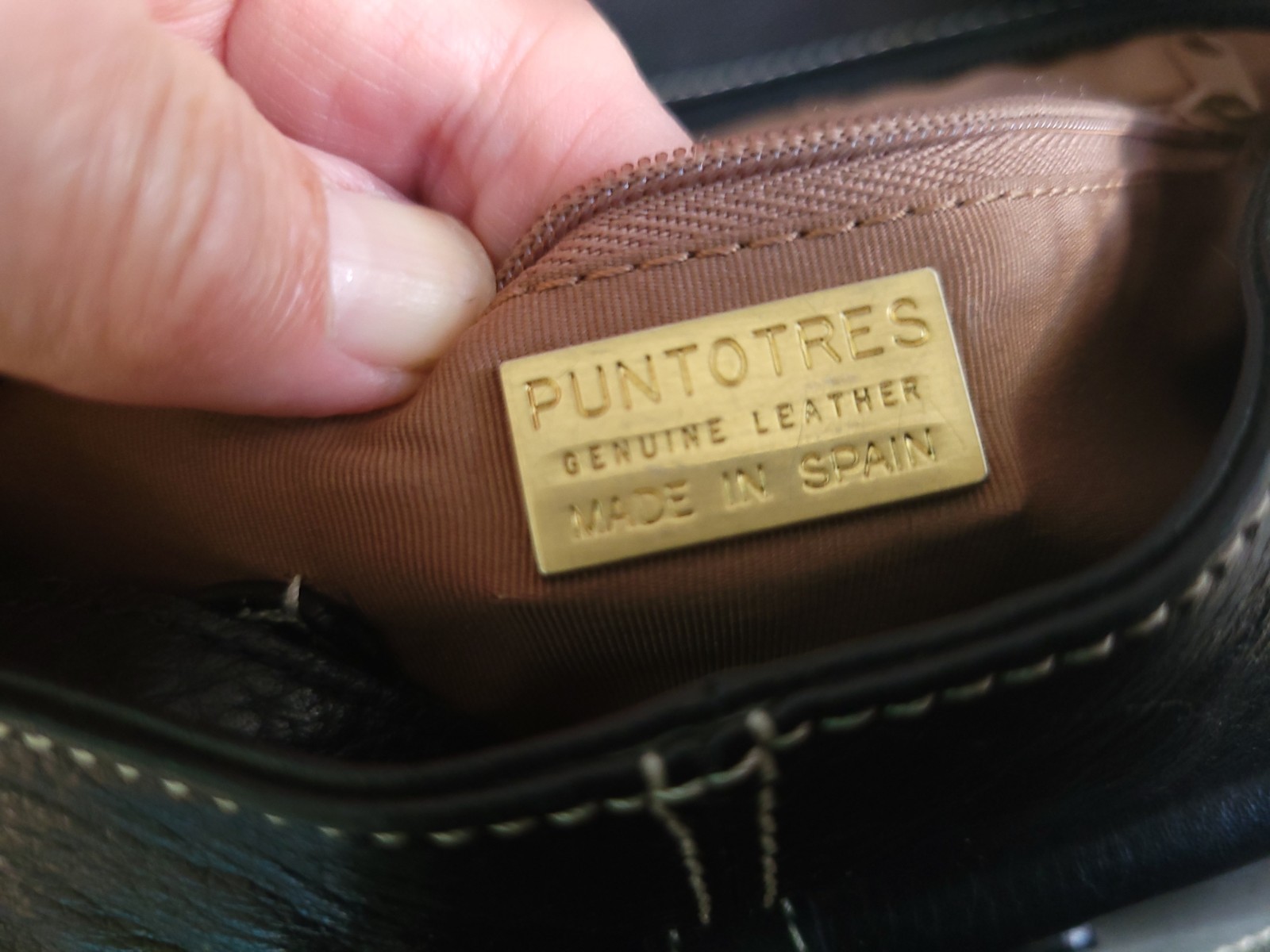Puntotres Large Zip Tote Black Pebble Leather Shoulder Bag w/Pockets Made Spain