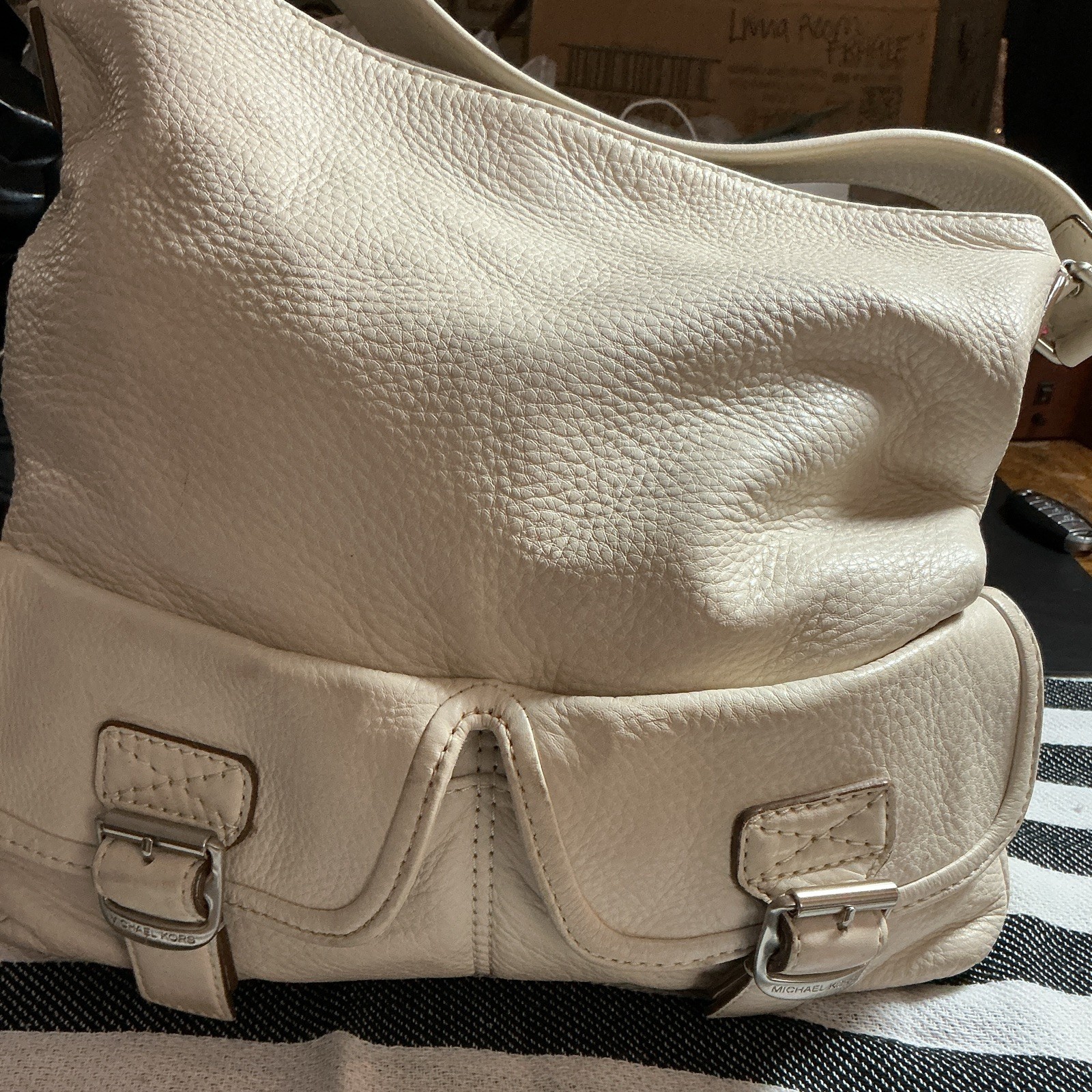 Michael Kors Ivory Pebbled Shoulder Bag Buckle Accents Magnetic Detach Strap