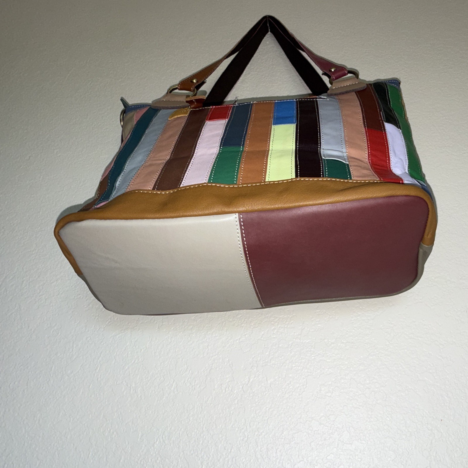 Mohiriya EUC Colorful Patchwork Floral Leather Tote Purse w/ Removable Zip Pouch