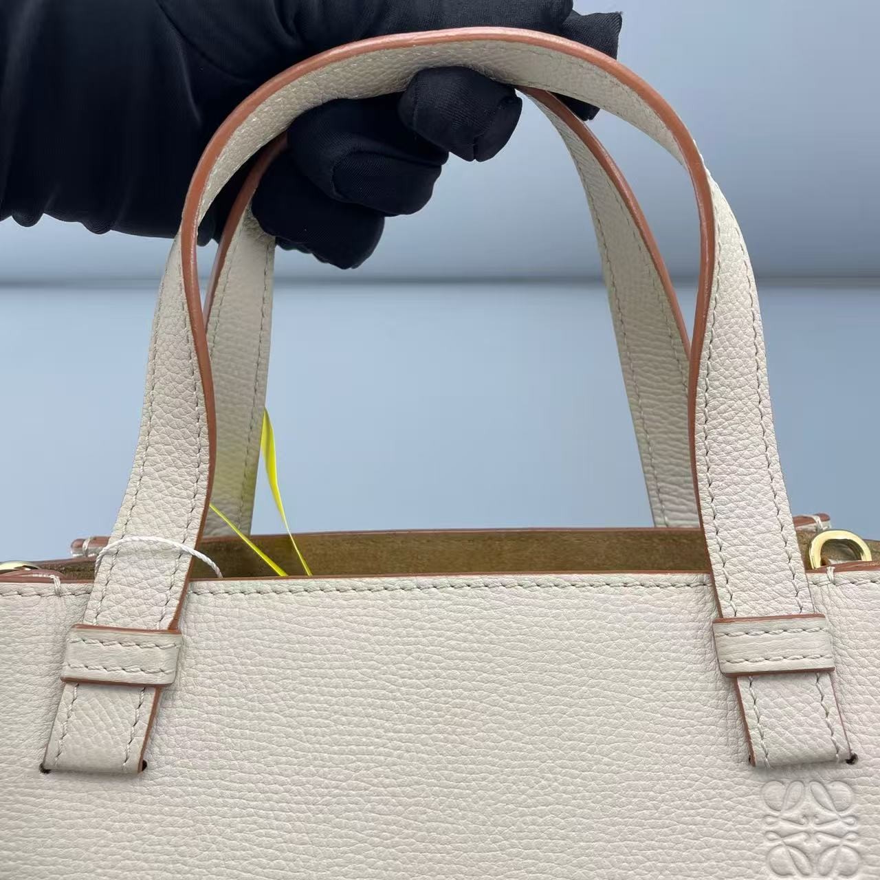 Auth Loewe Small White Grained Calfskin Leather Gate Top Handle Bag Crossbody